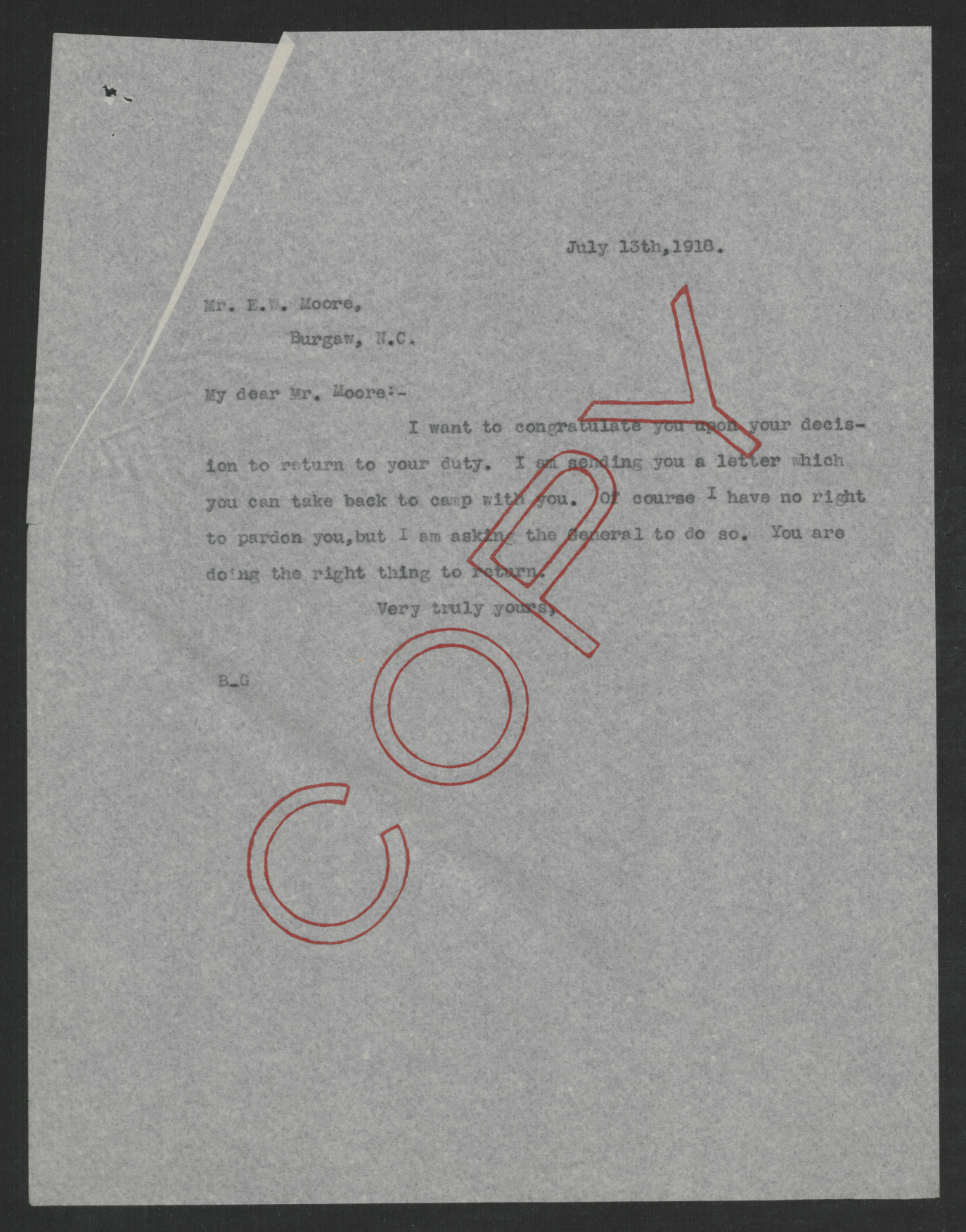 Letter from Thomas W. Bickett to Edgar W. Moore, July 13, 1918
