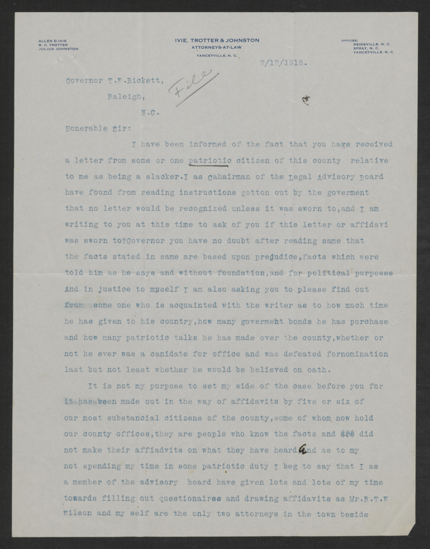 Letter from Julius Johnston to Thomas W. Bickett, July 17, 1918, page 1