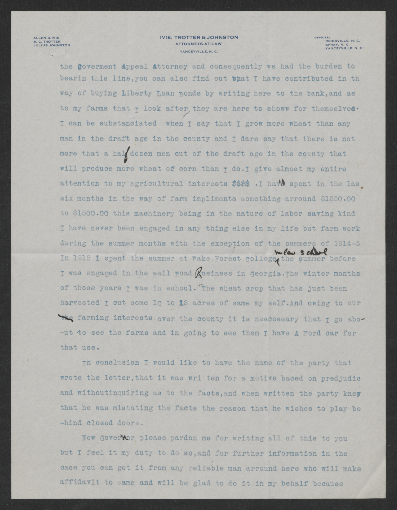 Letter from Julius Johnston to Thomas W. Bickett, July 17, 1918, page 2