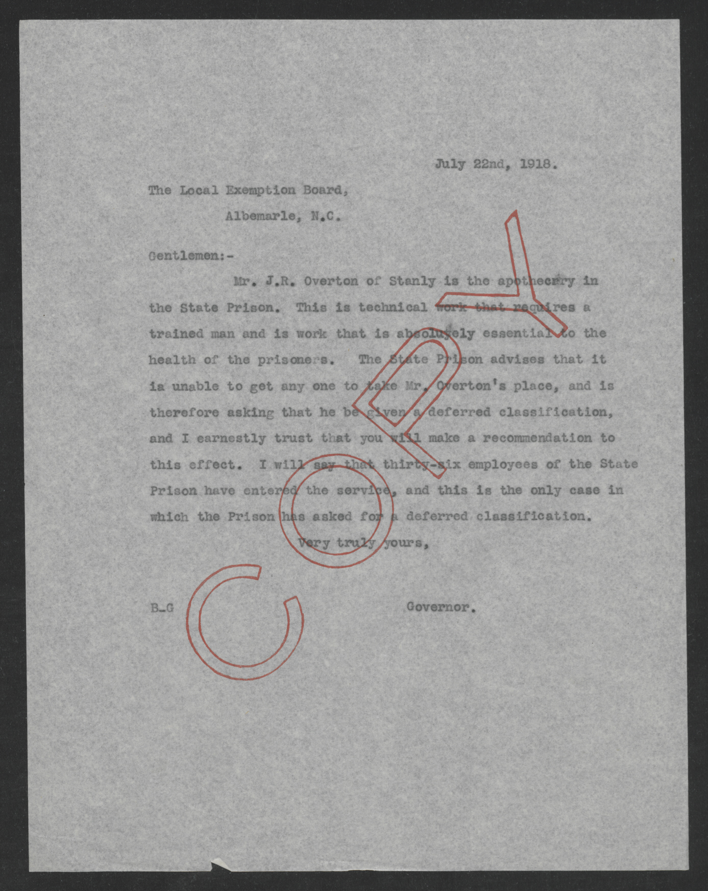 Letter from Thomas W. Bickett to the Stanly County Exemption Board, July 22, 1918