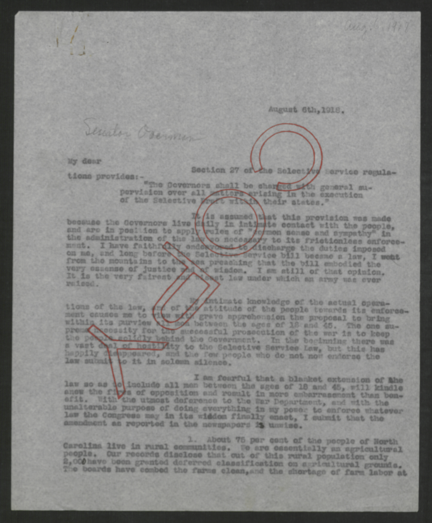 Letter from Thomas W. Bickett to Lee S. Overman, August 6, 1918, page 1