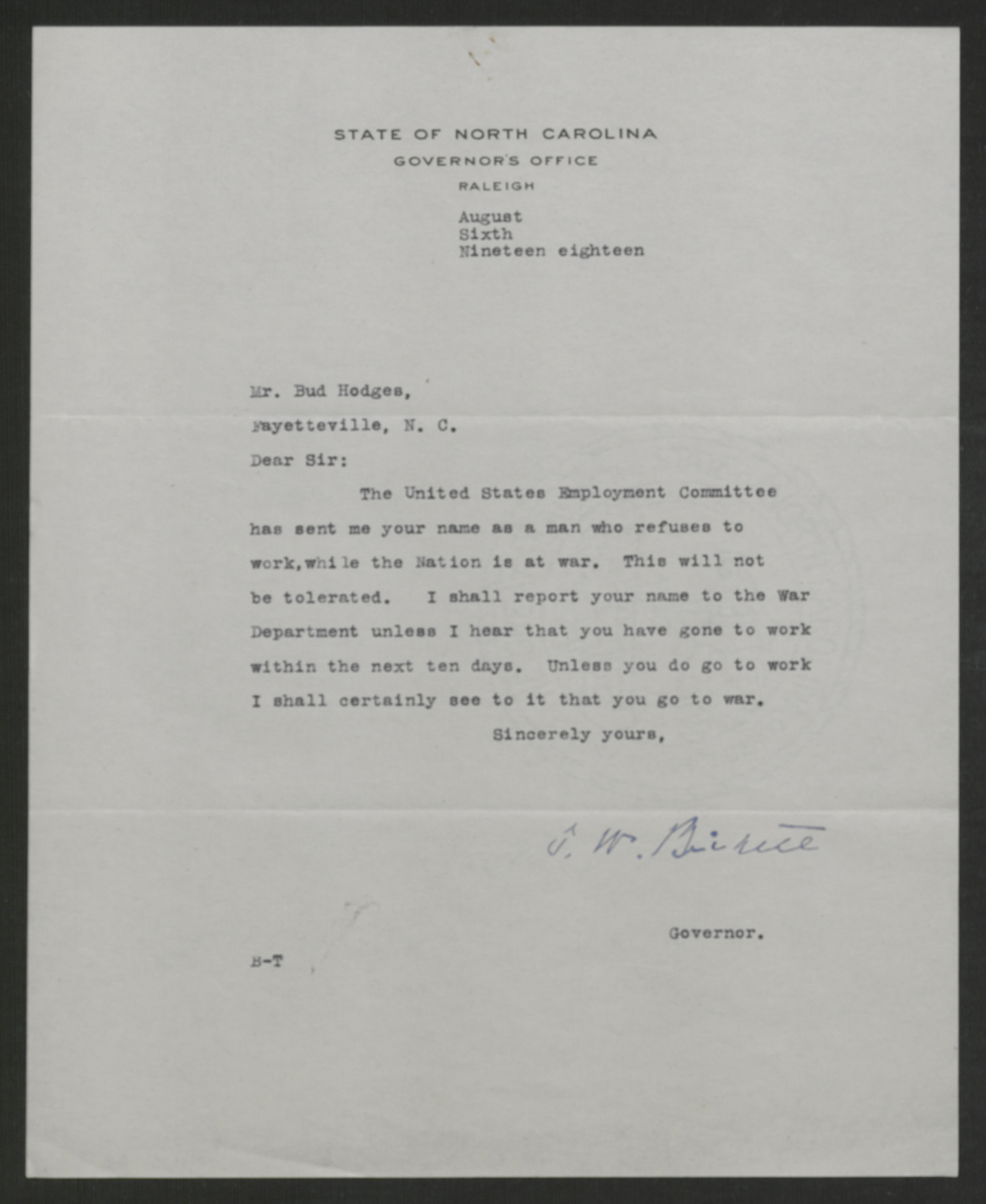 Letter from Thomas W. Bickett to Bud Hodges, August 6, 1918