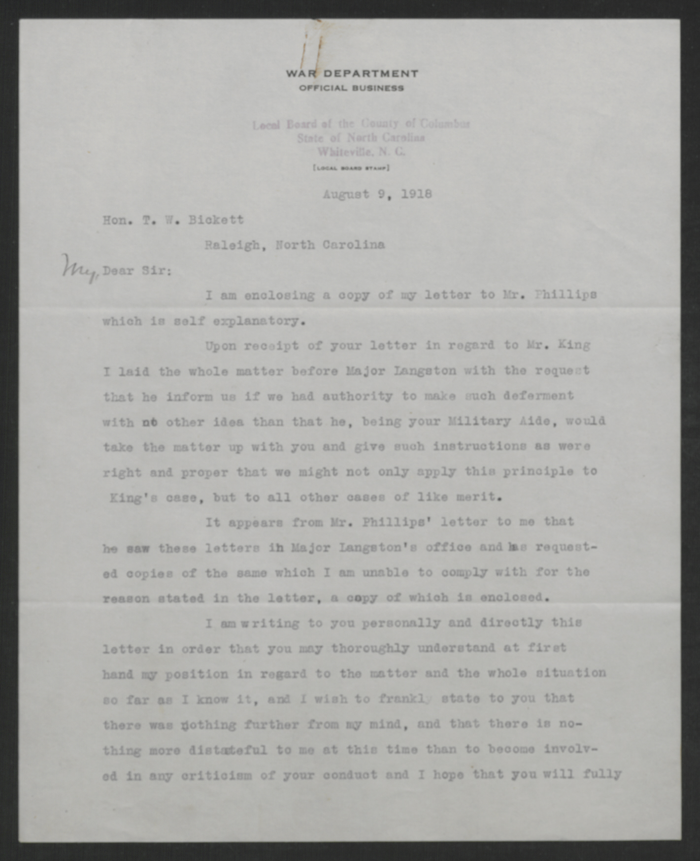 Letter from Irvin B. Tucker to Thomas W. Bickett, August 9, 1918, page 1