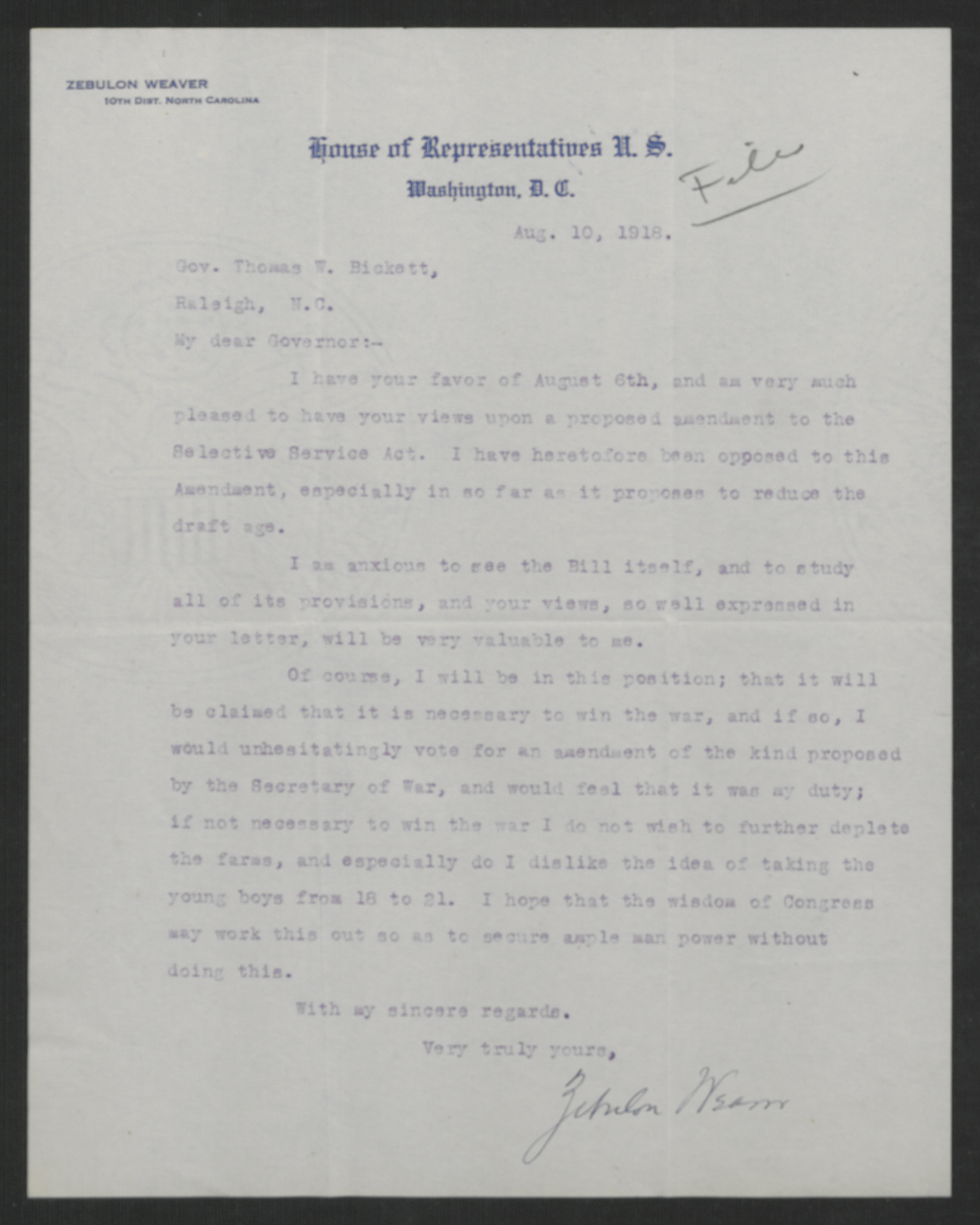 Letter from Zebulon Weaver to Thomas W. Bickett, August 10, 1918