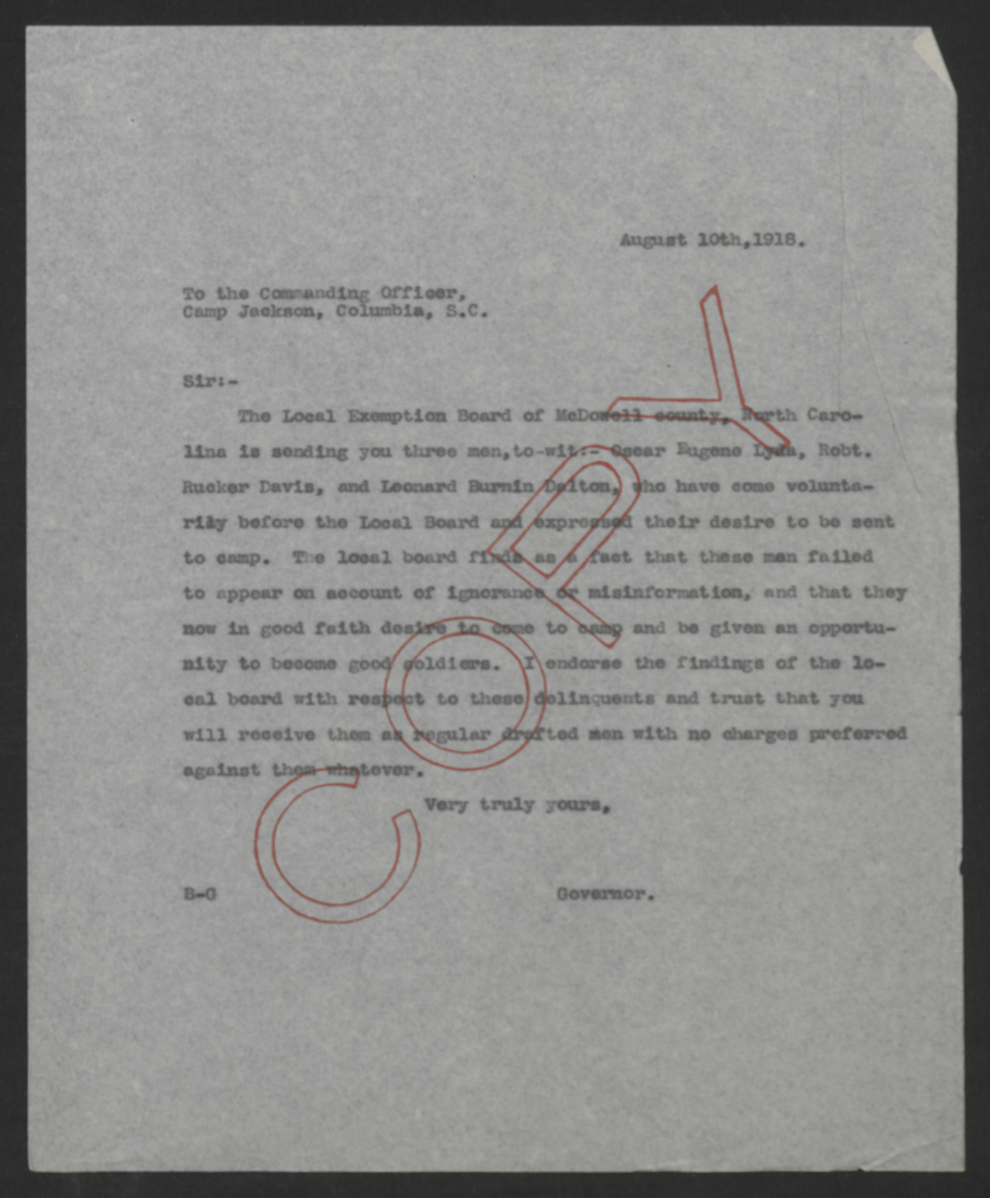 Letter from Thomas W. Bickett to the Commanding Officer of Camp Jackson, August 10, 1918