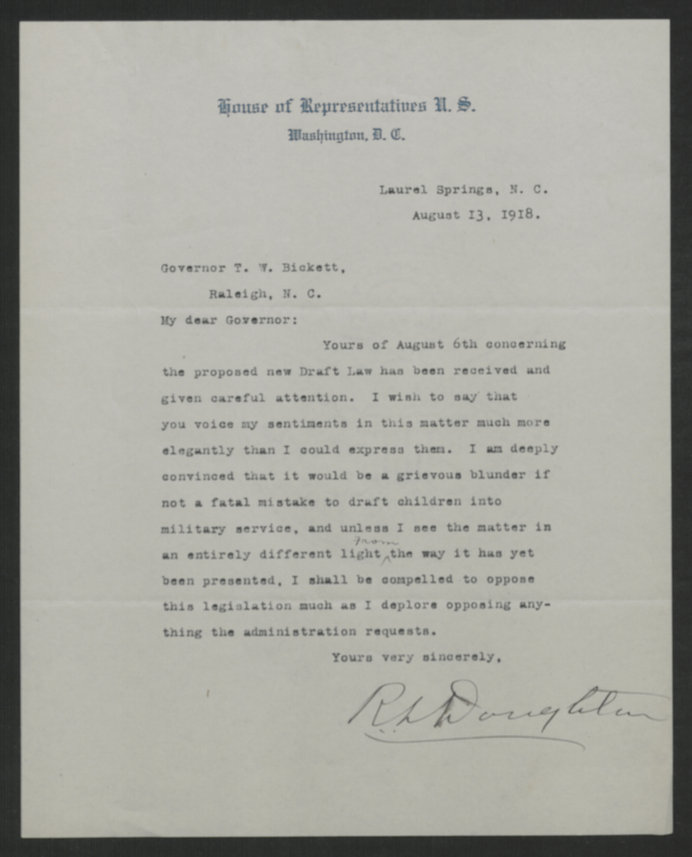 Letter from Robert L. Doughton to Thomas W. Bickett, August 13, 1918