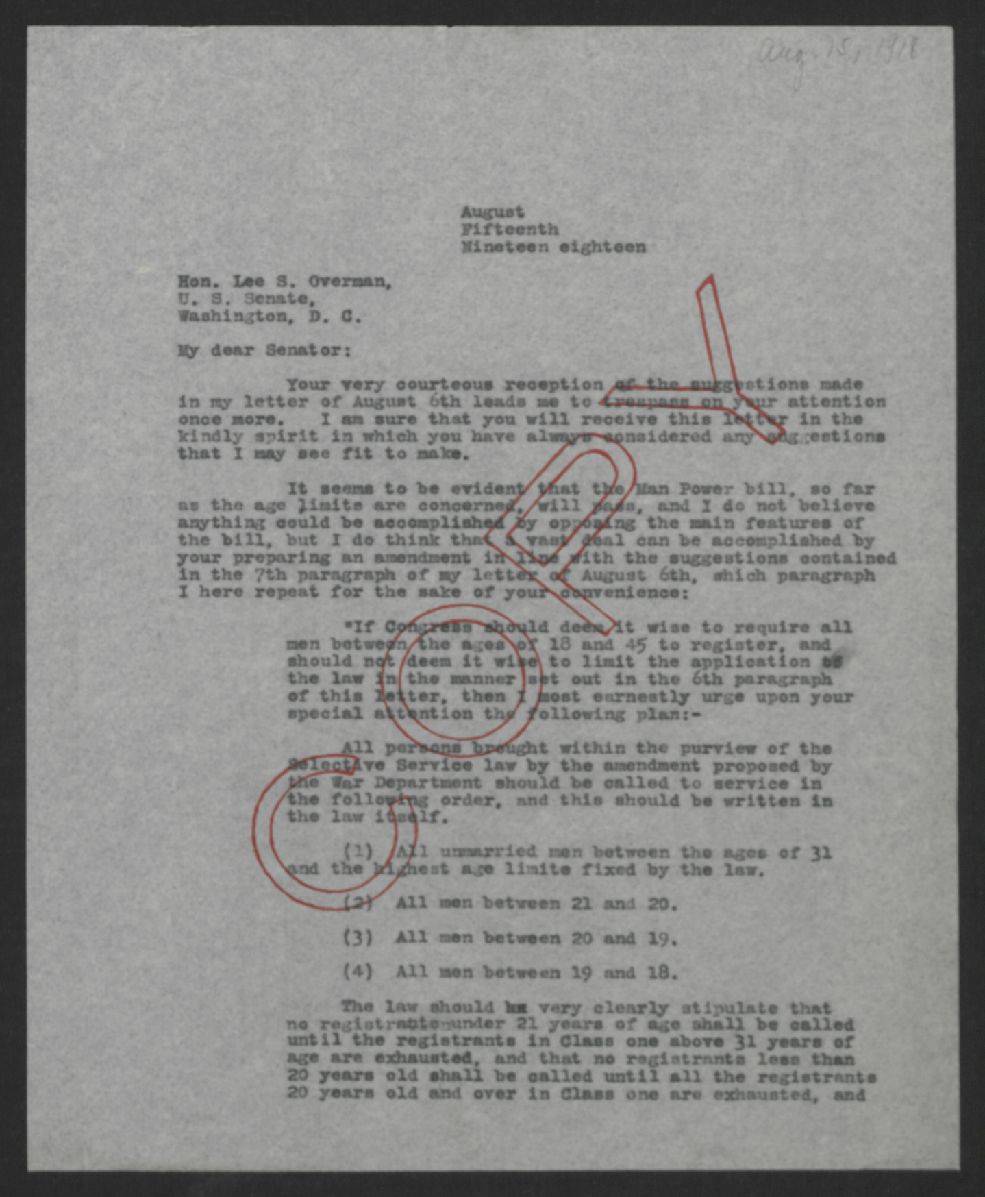 Letter from Thomas W. Bickett to Lee S. Overman, August 15, 1918, page 1