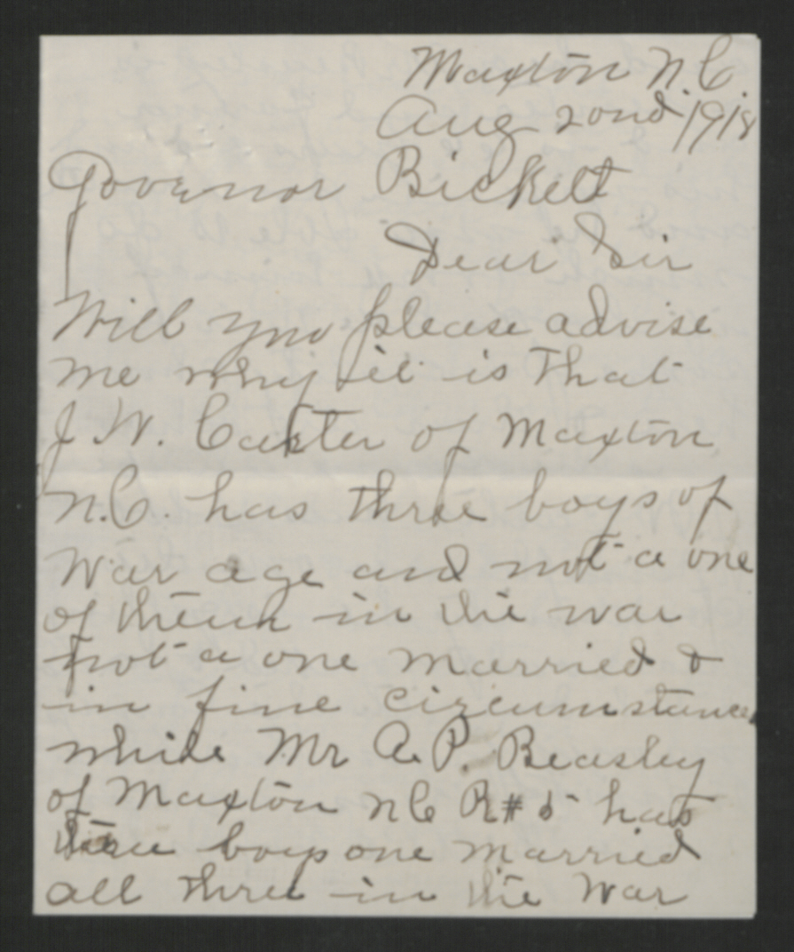 Letter from D. J. McLean to Thomas W. Bickett, August 20, 1918, page 1
