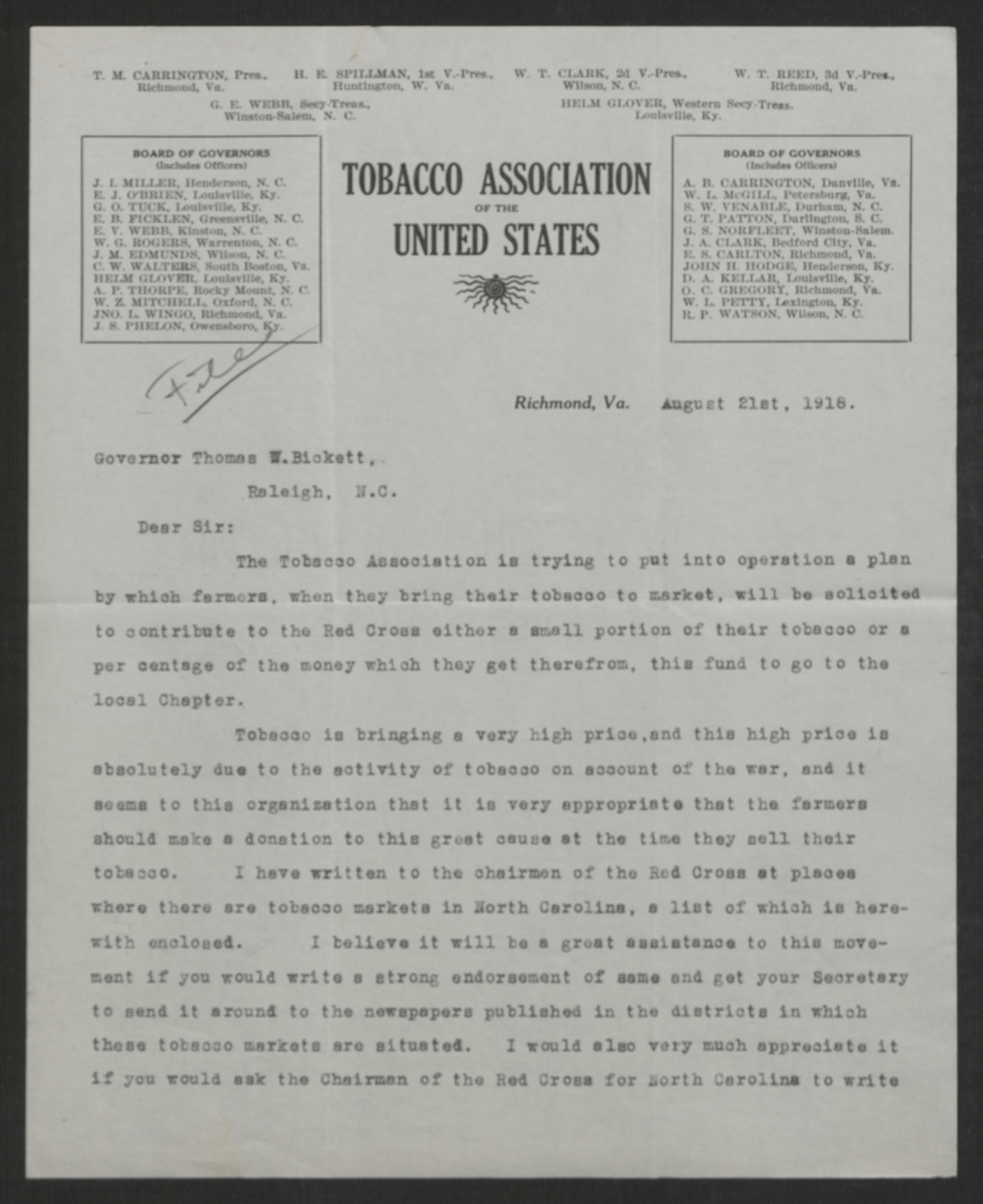 Letter from Tazewell M. Carrington to Thomas W. Bickett, August 21, 1918, page 1