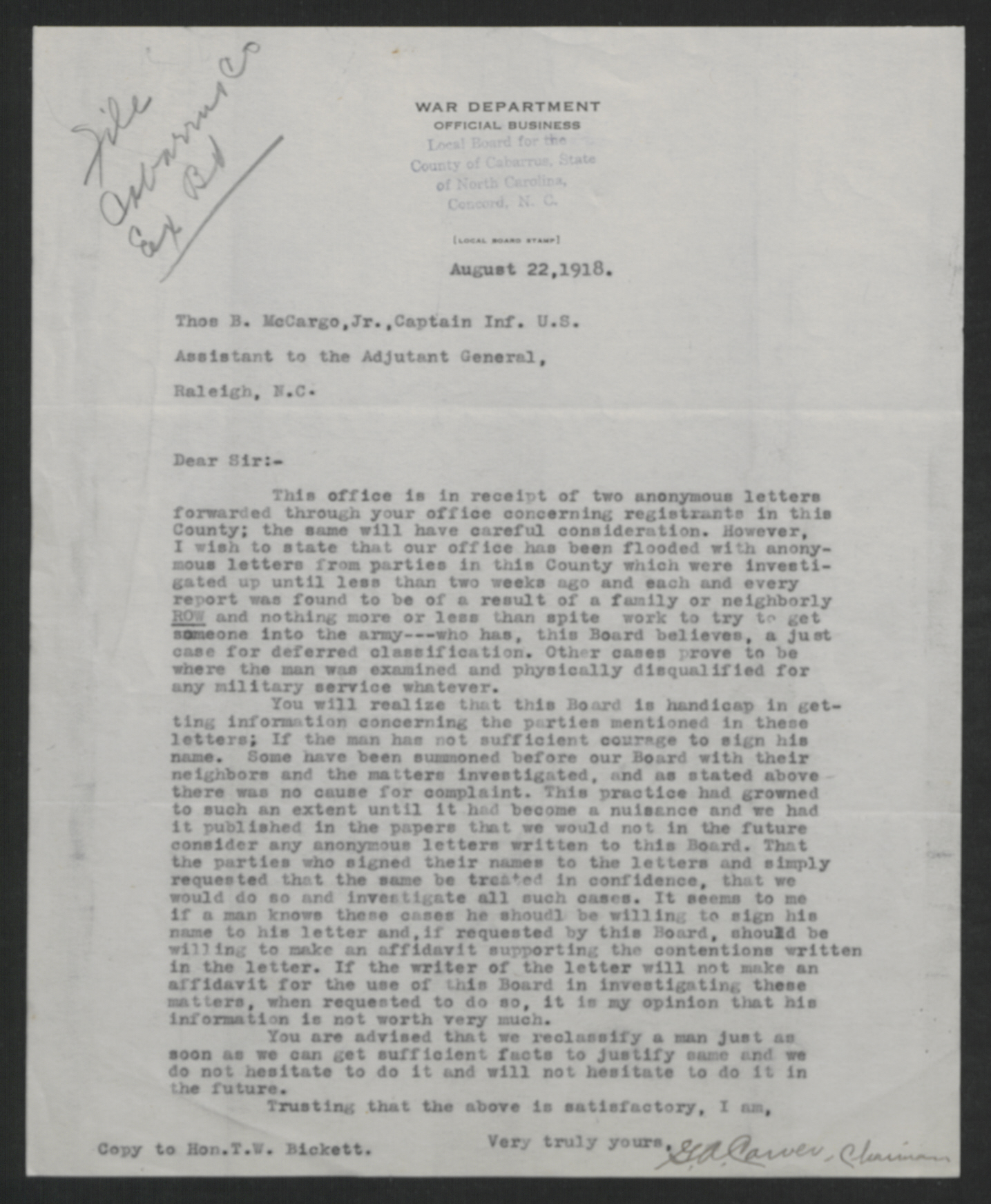 Letter from Gordon A. Carver to Thomas B. McCargo, Jr., August 22, 1918