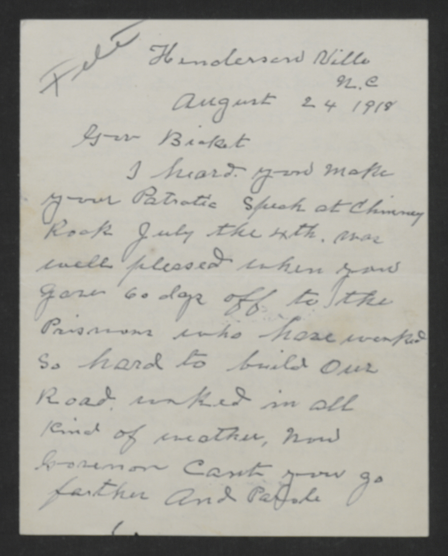 Letter from George W. Lyda to Thomas W. Bickett, August 24, 1918, page 1