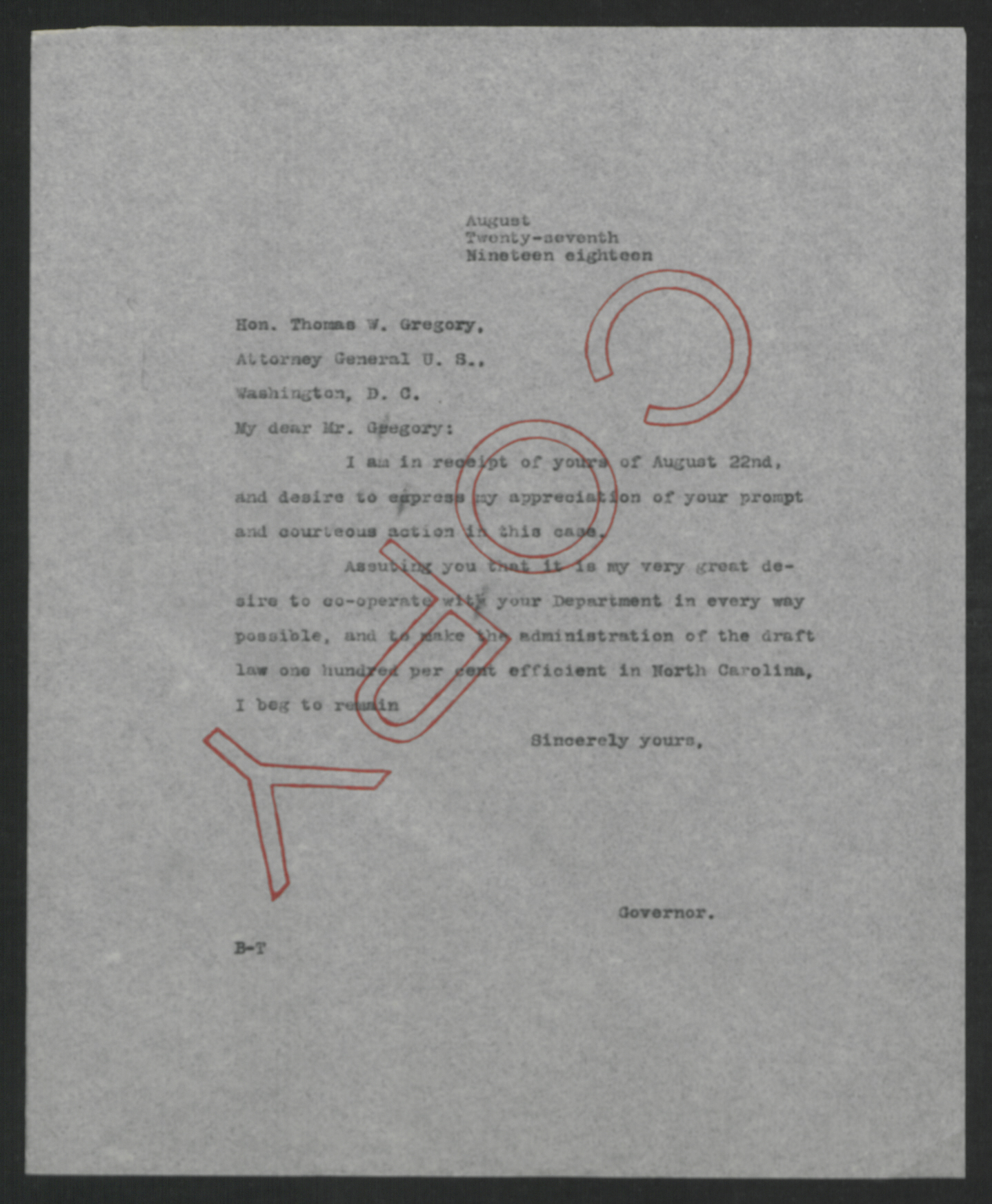 Letter from Thomas W. Bickett to Thomas W. Gregory, August 27, 1918
