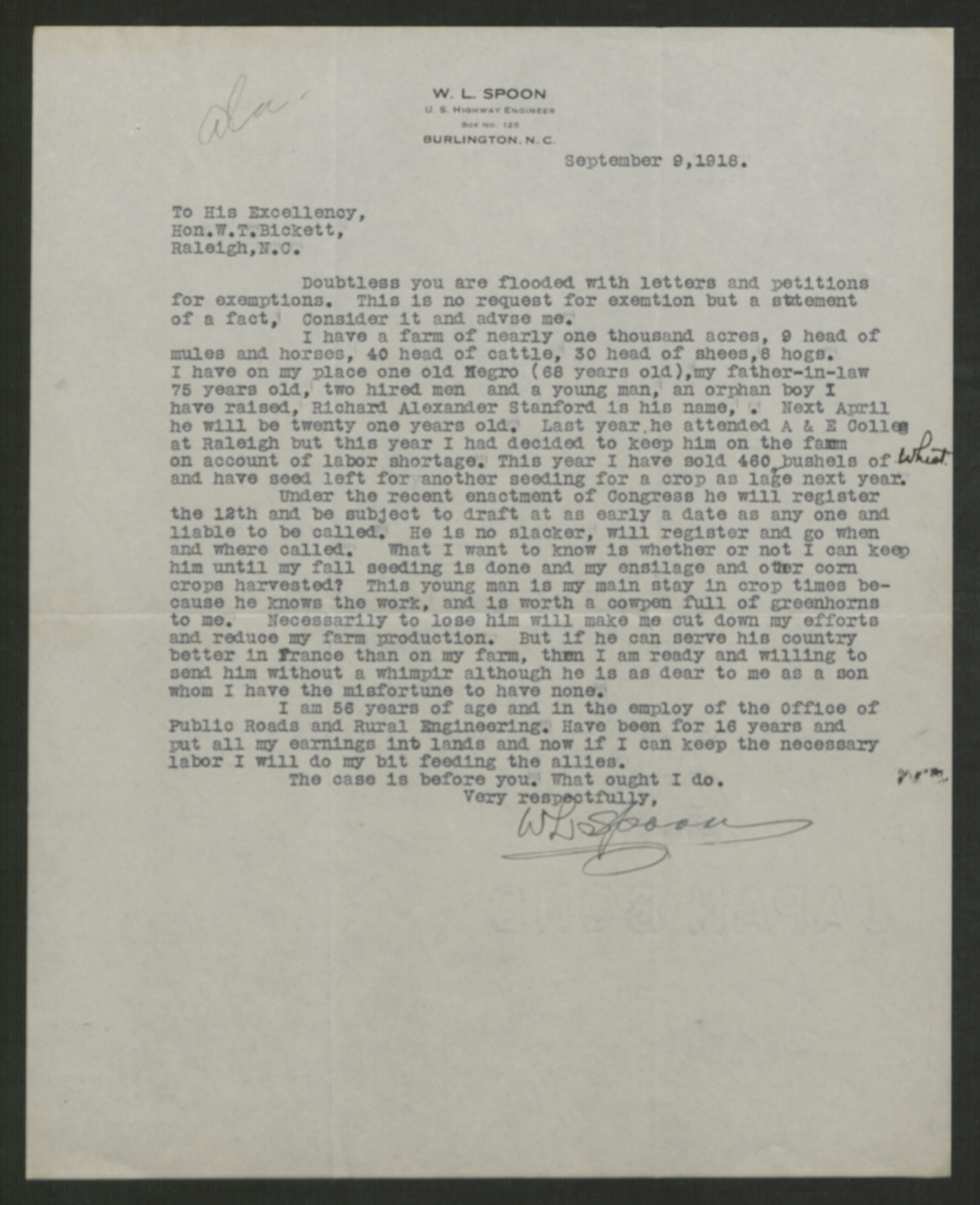 Letter from William L. Spoon to Thomas W. Bickett, September 9, 1918