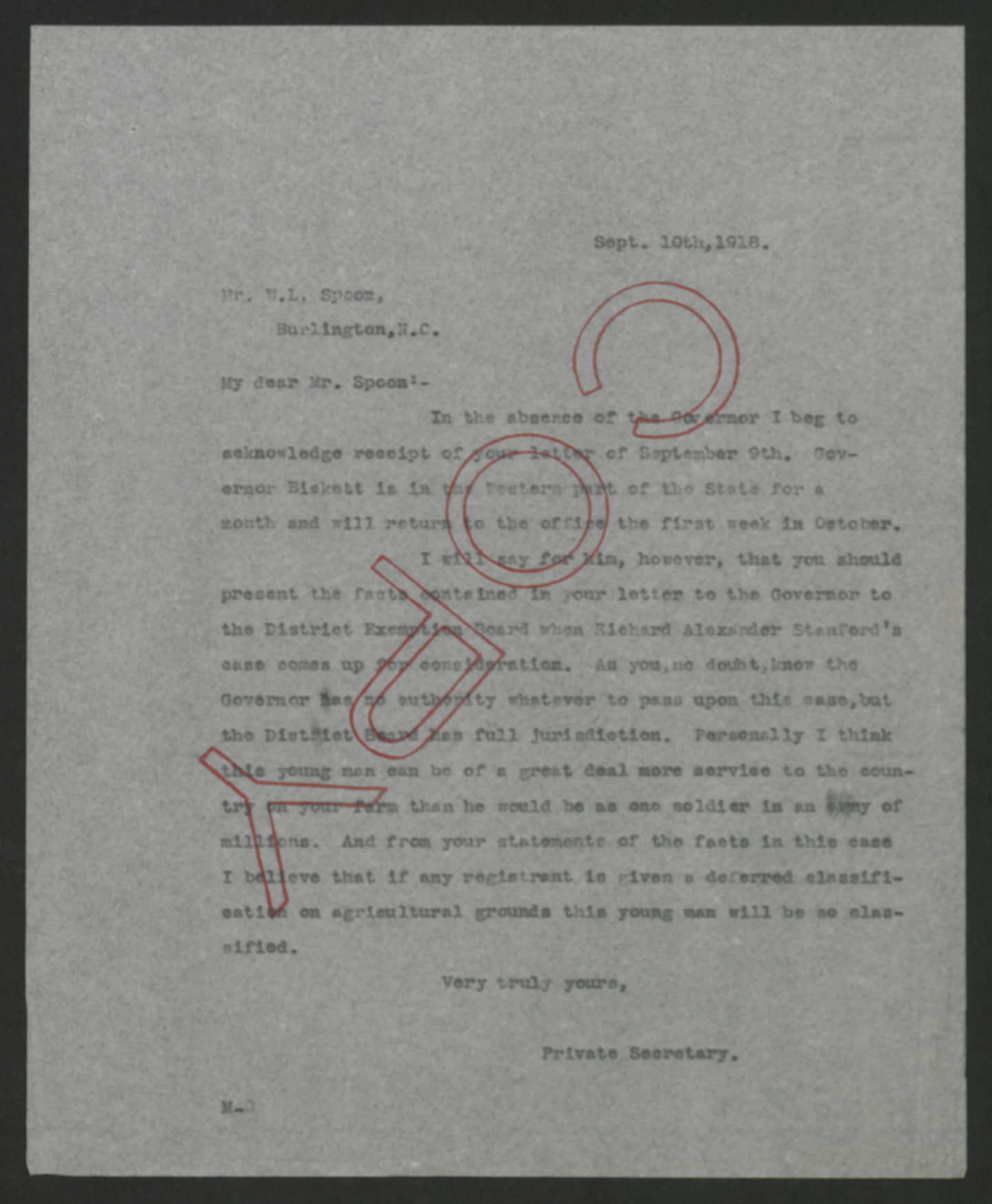 Letter from Santford Martin to William L. Spoon, September 10, 1918