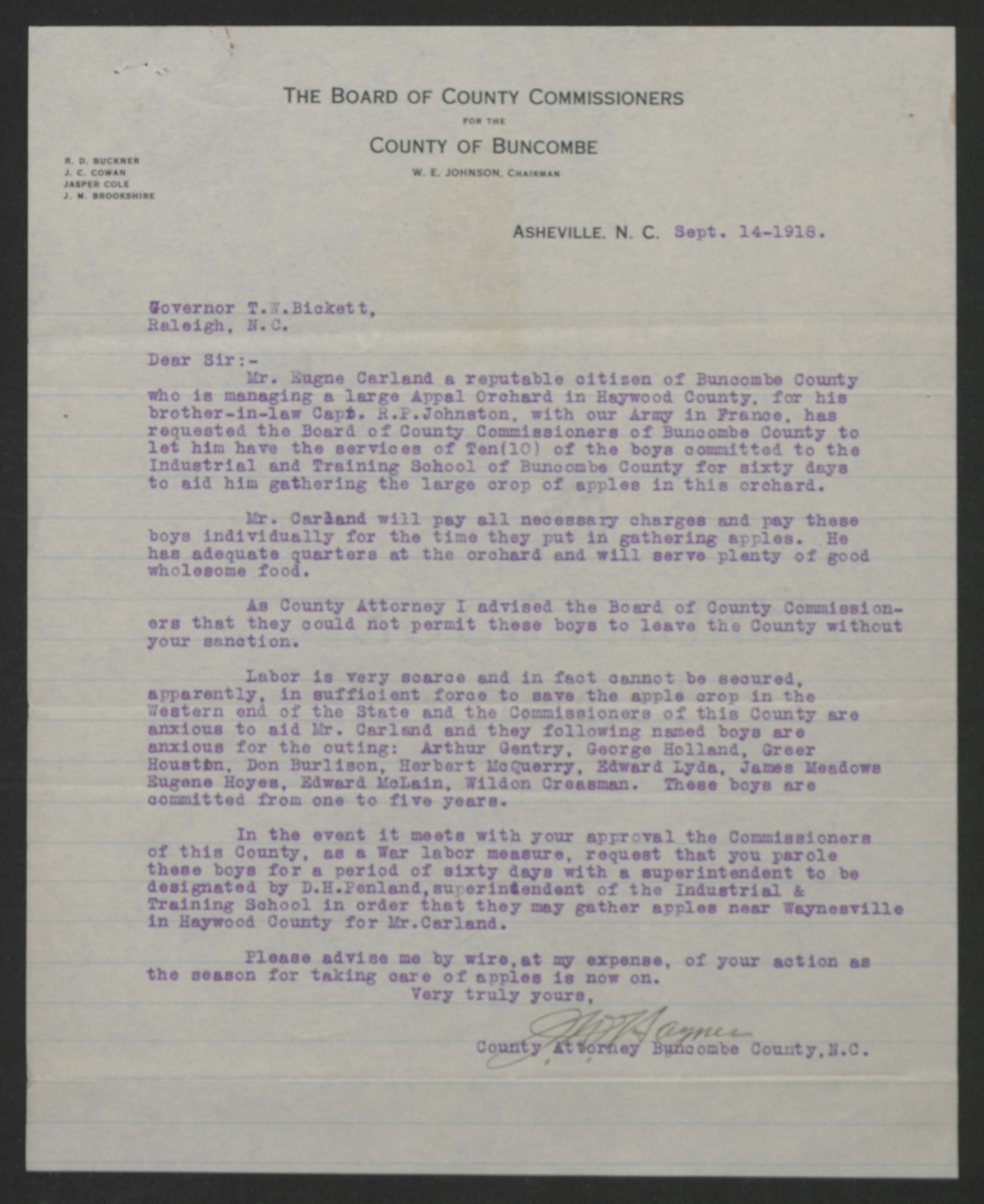 Letter from Joseph W. Haynes to Thomas W. Bickett, September 14, 1918