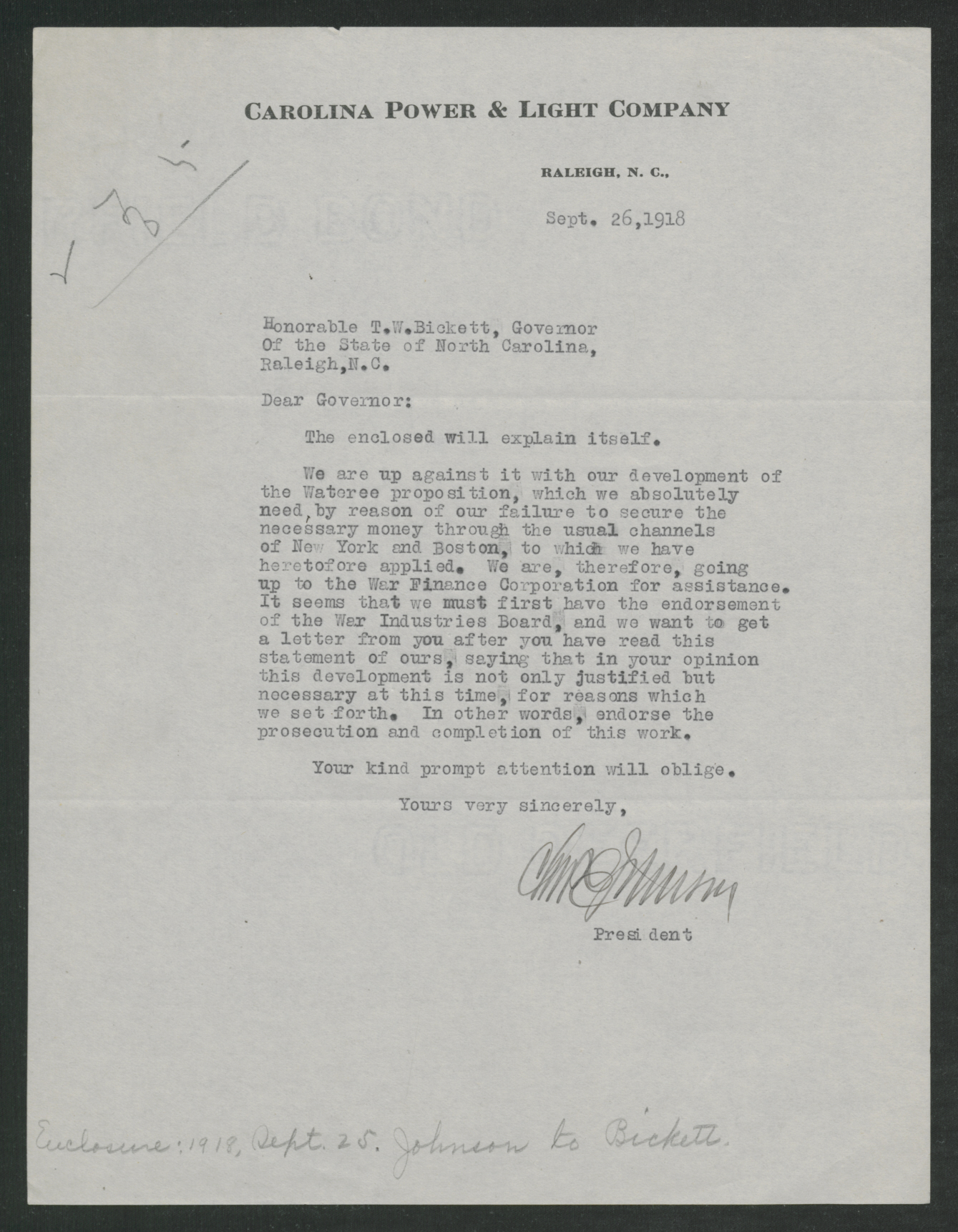 Letter from Charles E. Johnson to Thomas W. Bickett, September 26, 1918