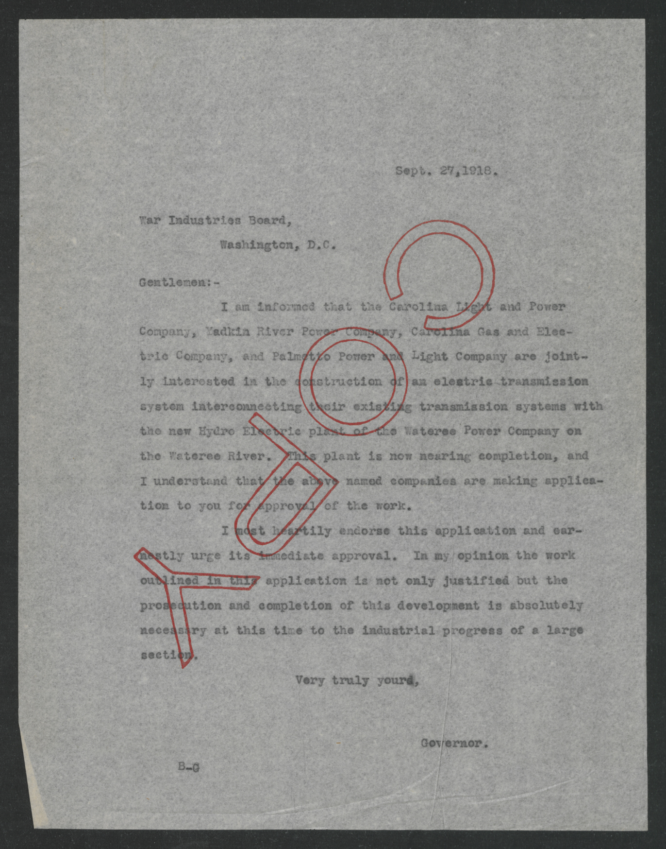 Letter from Thomas W. Bickett to the War Industries Board, September 27, 1918