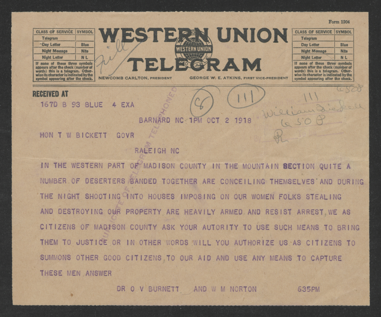 Telegram from Ovid V. Burnett and W. M. Norton to Thomas W. Bickett, October 2, 1918