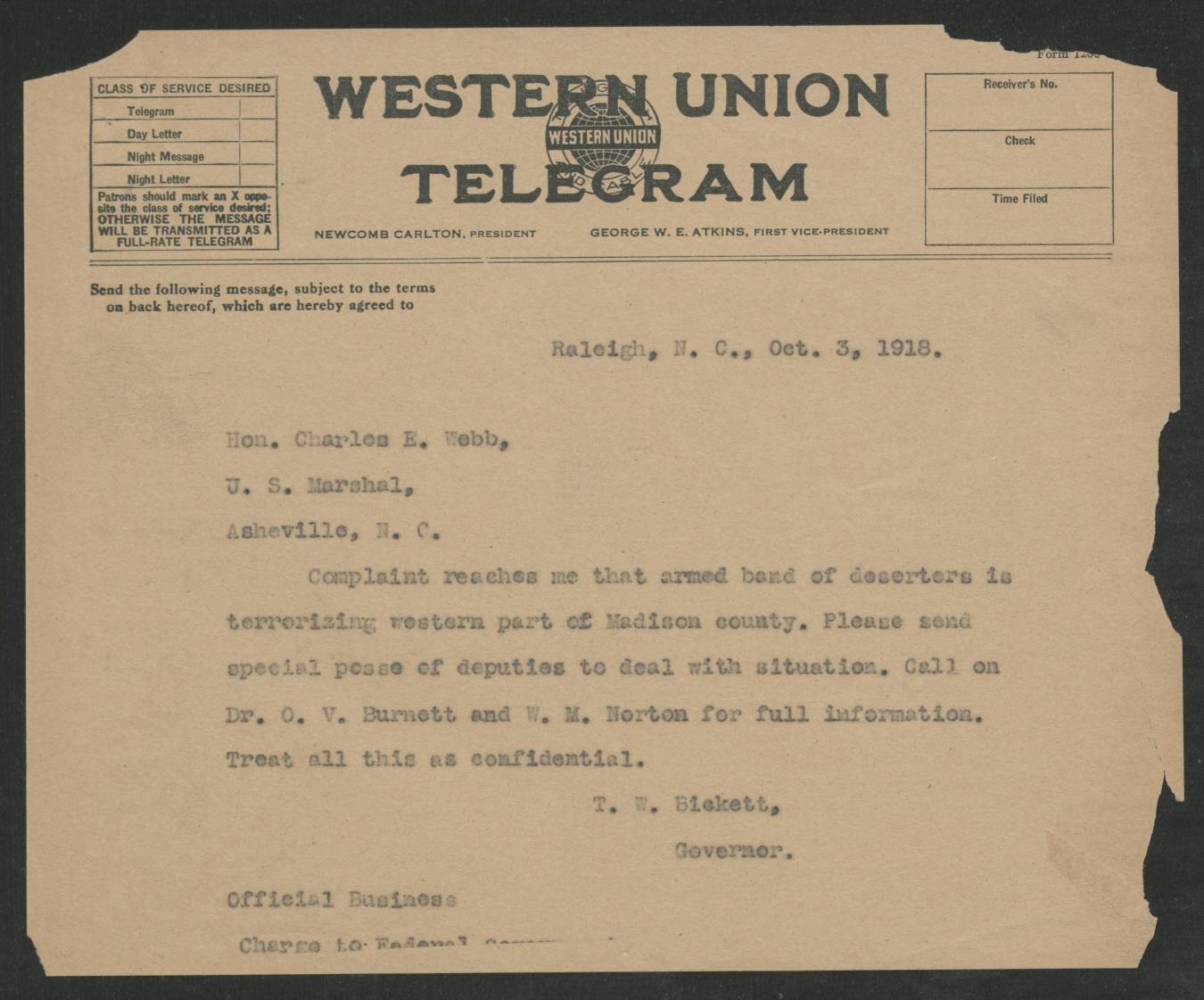 Telegram from Thomas W. Bickett to Charles A. Webb, October 3, 1918