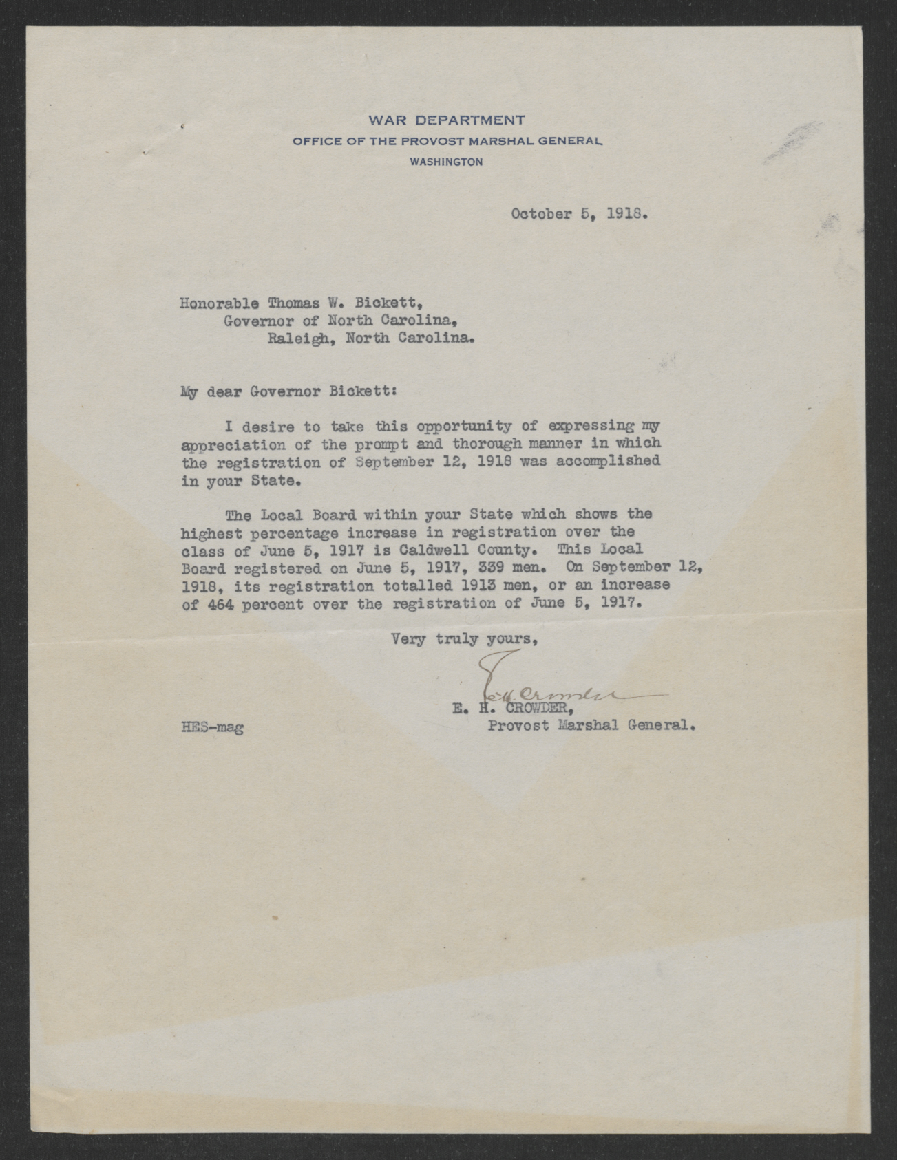 Letter from Enoch H. Crowder to Thomas W. Bickett, October 5, 1918