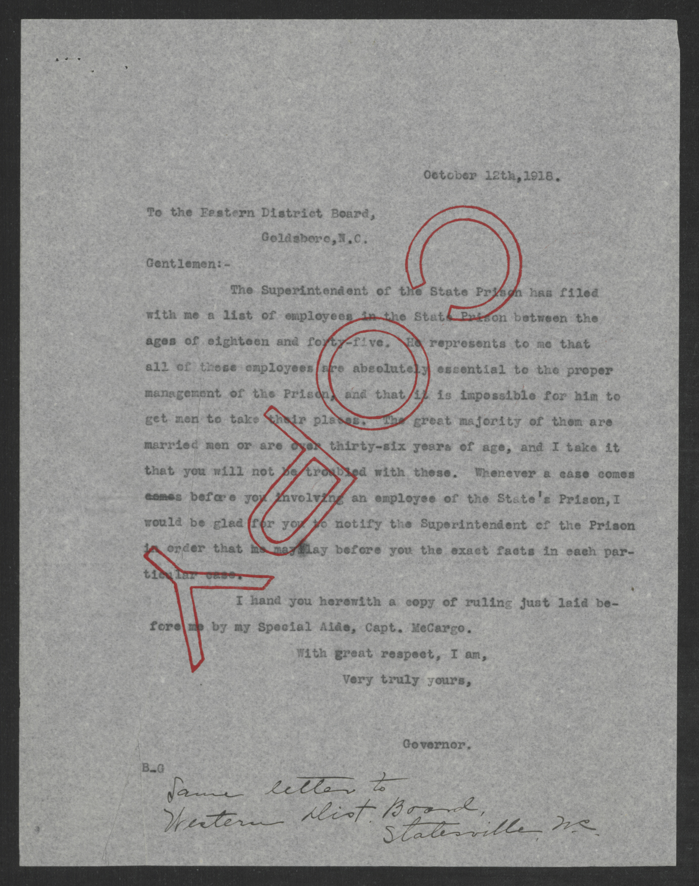 Letter from Thomas W. Bickett to the Eastern District Exemption Board, October 12, 1918