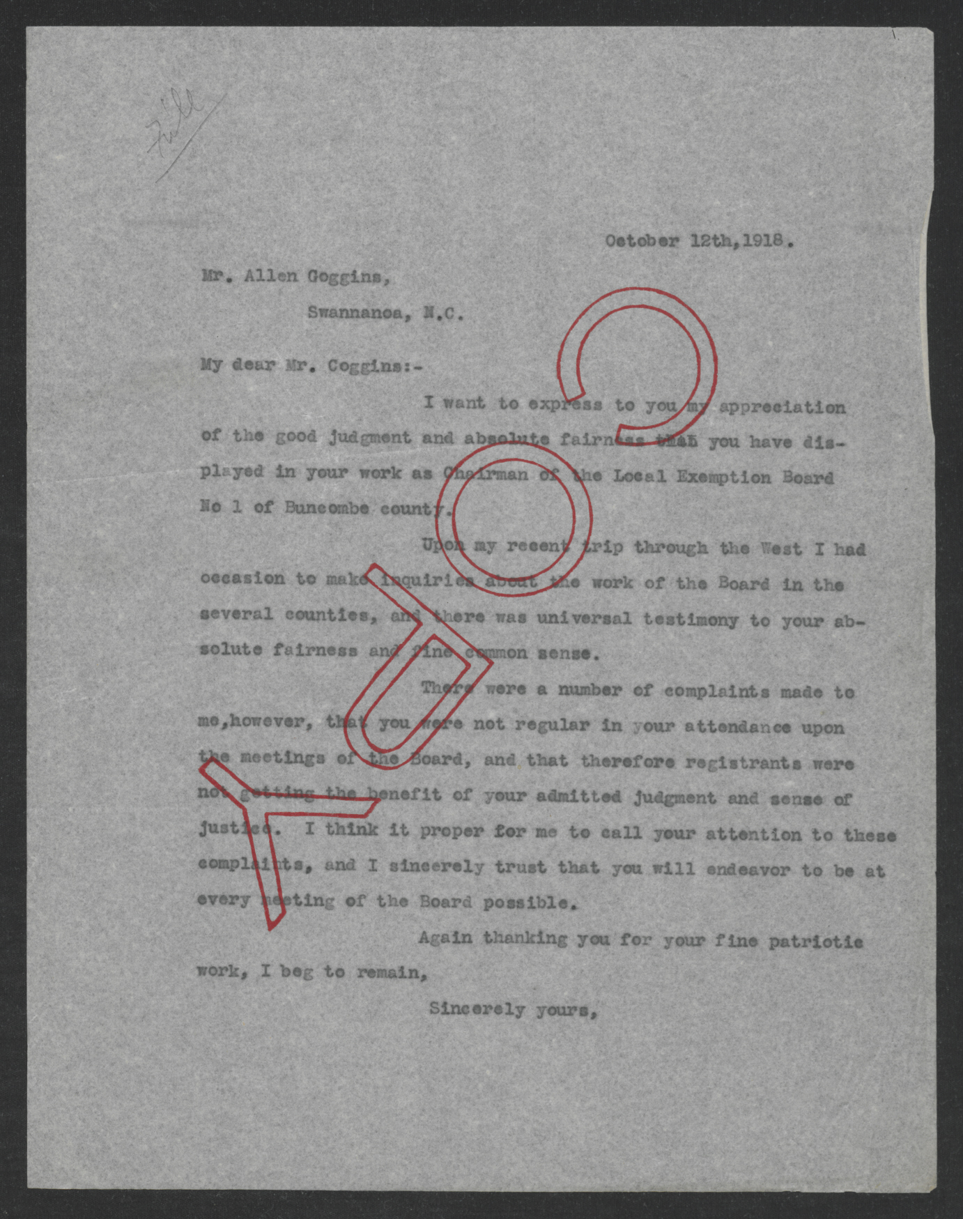 Letter from Thomas W. Bickett to Henry A. Coggins, October 12, 1918