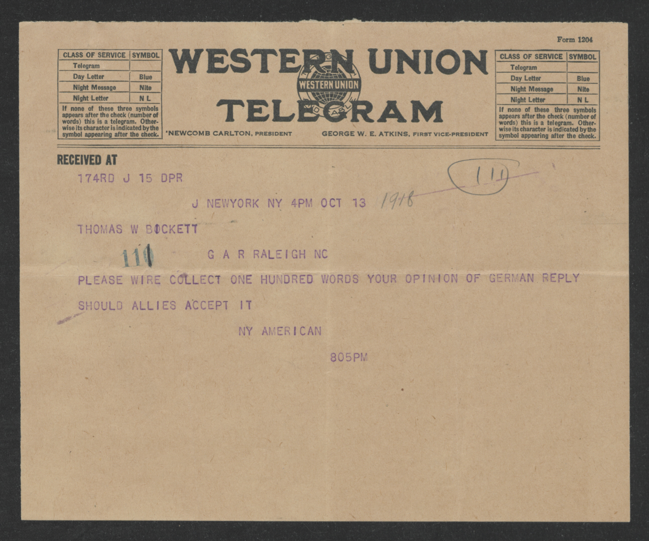 Telegram from the New York American to Thomas W. Bickett, October 13, 1918