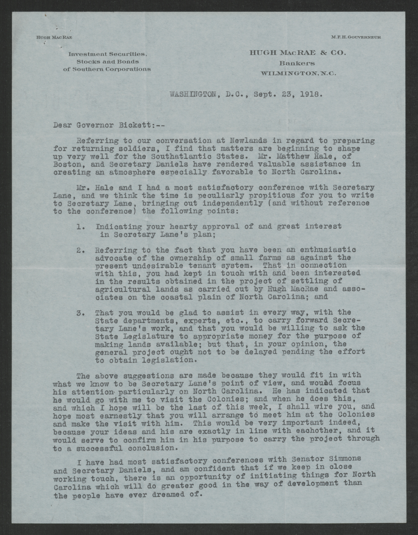Letter from Hugh MacRae to Thomas W. Bickett, September 23, 1918, page 1