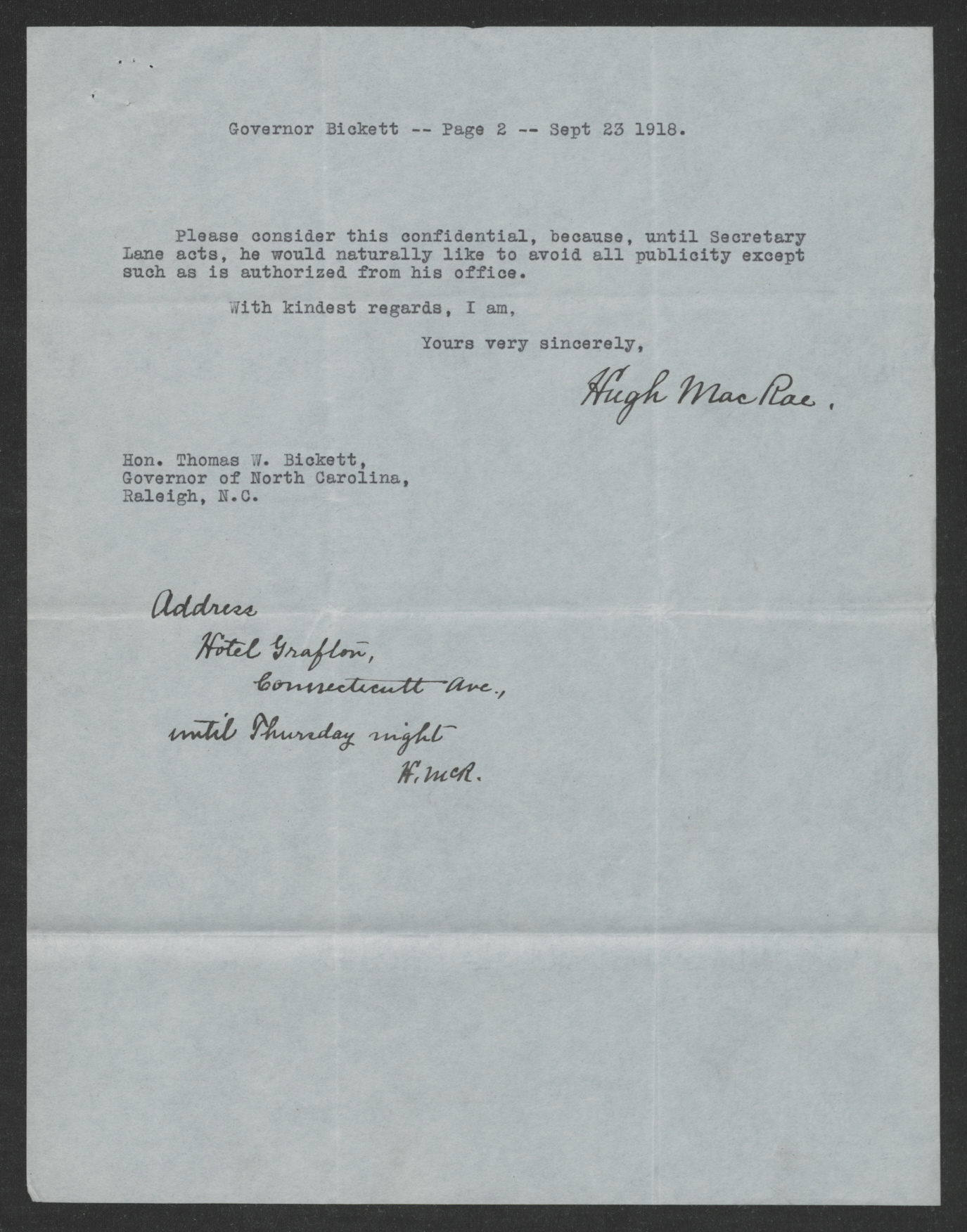 Letter from Hugh MacRae to Thomas W. Bickett, September 23, 1918, page 2