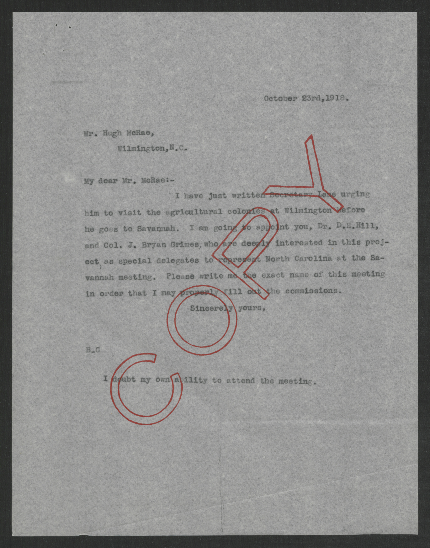 Letter from Thomas W. Bickett to Hugh MacRae, October 23, 1918