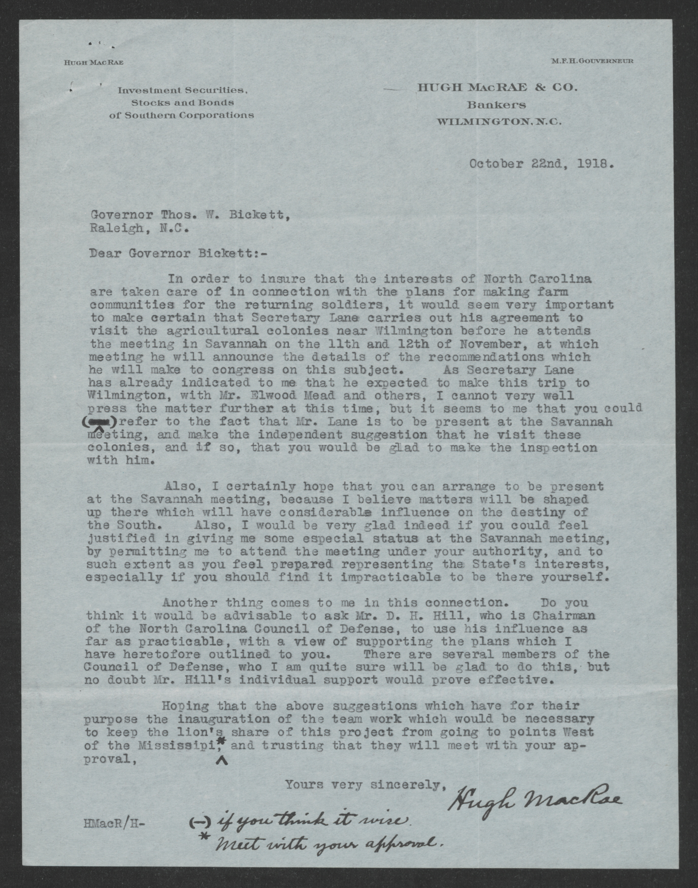Letter from Hugh MacRae to Thomas W. Bickett, October 22, 1918