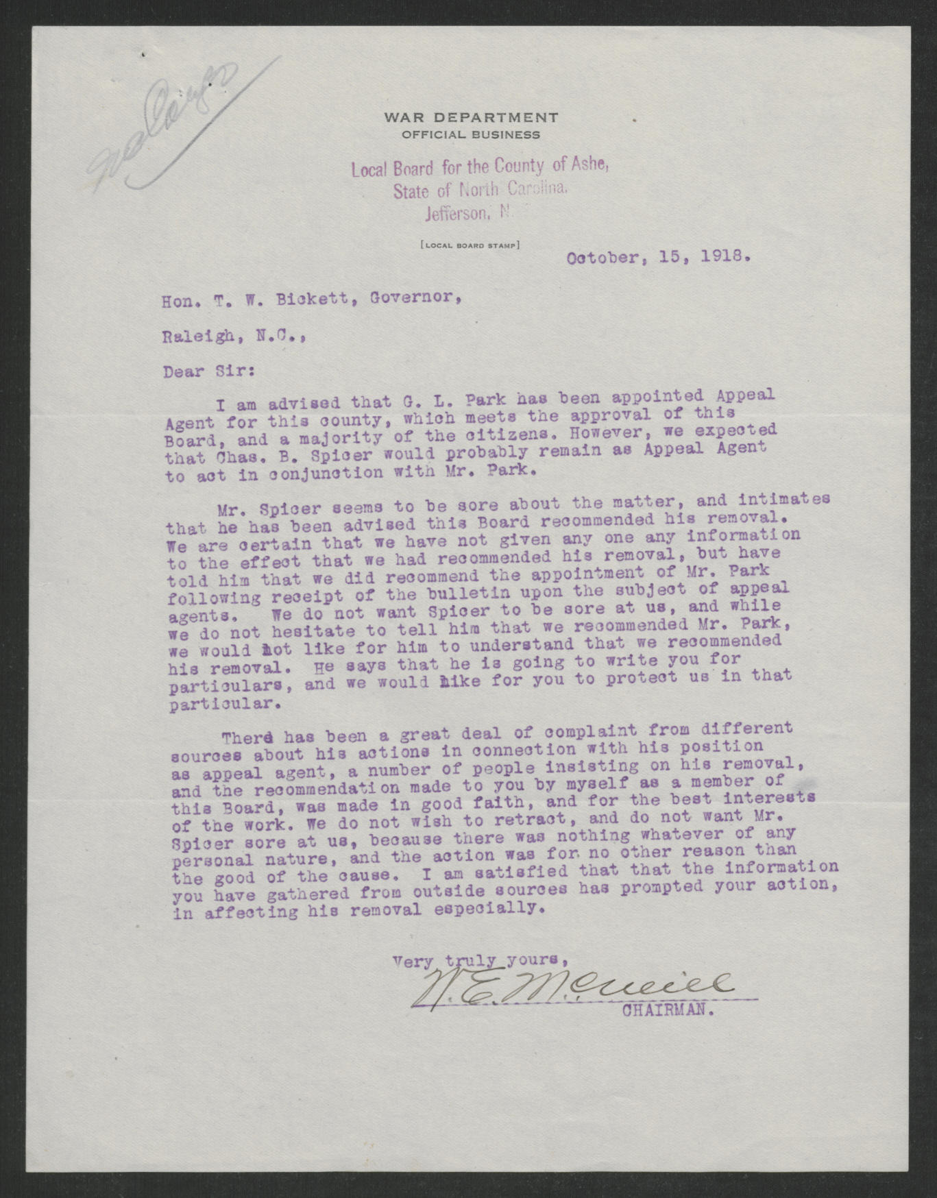 Letter from Wiley E. McNeill to Thomas W. Bickett, October 15, 1918