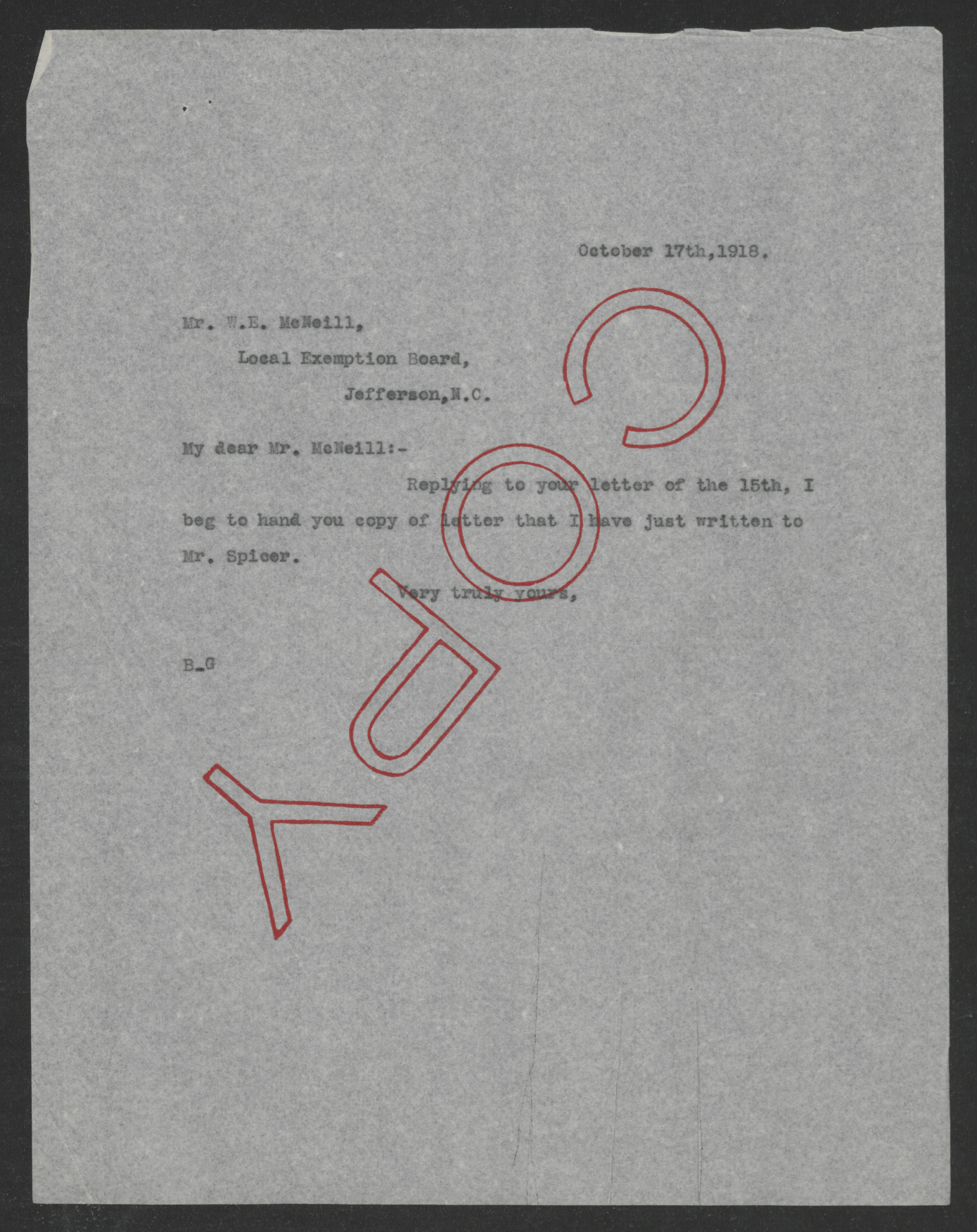 Letter from Thomas W. Bickett to Wiley E. McNeill, October 17, 1918