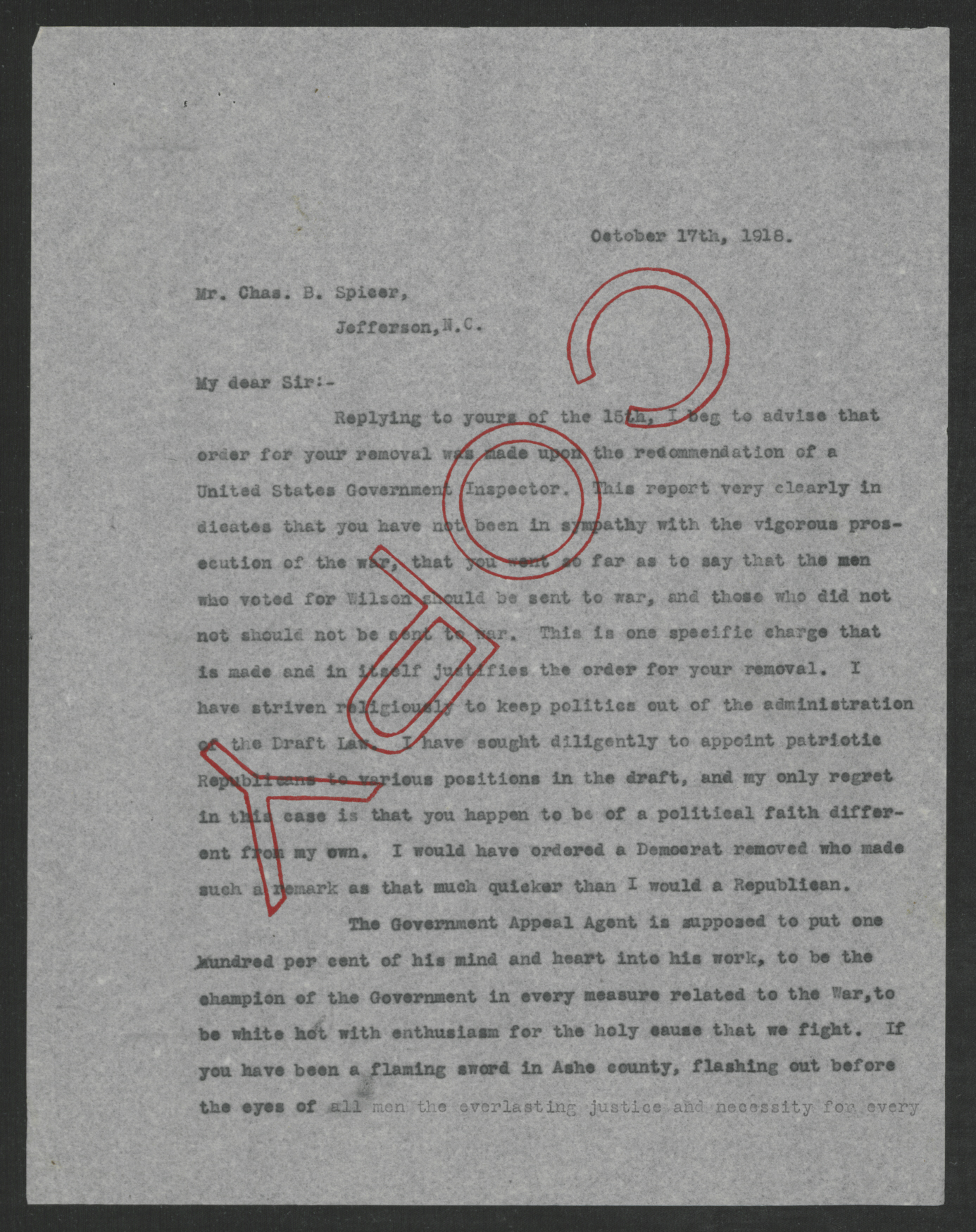 Letter from Thomas W. Bickett to Charles B. Spicer, October 17, 1918, page 1
