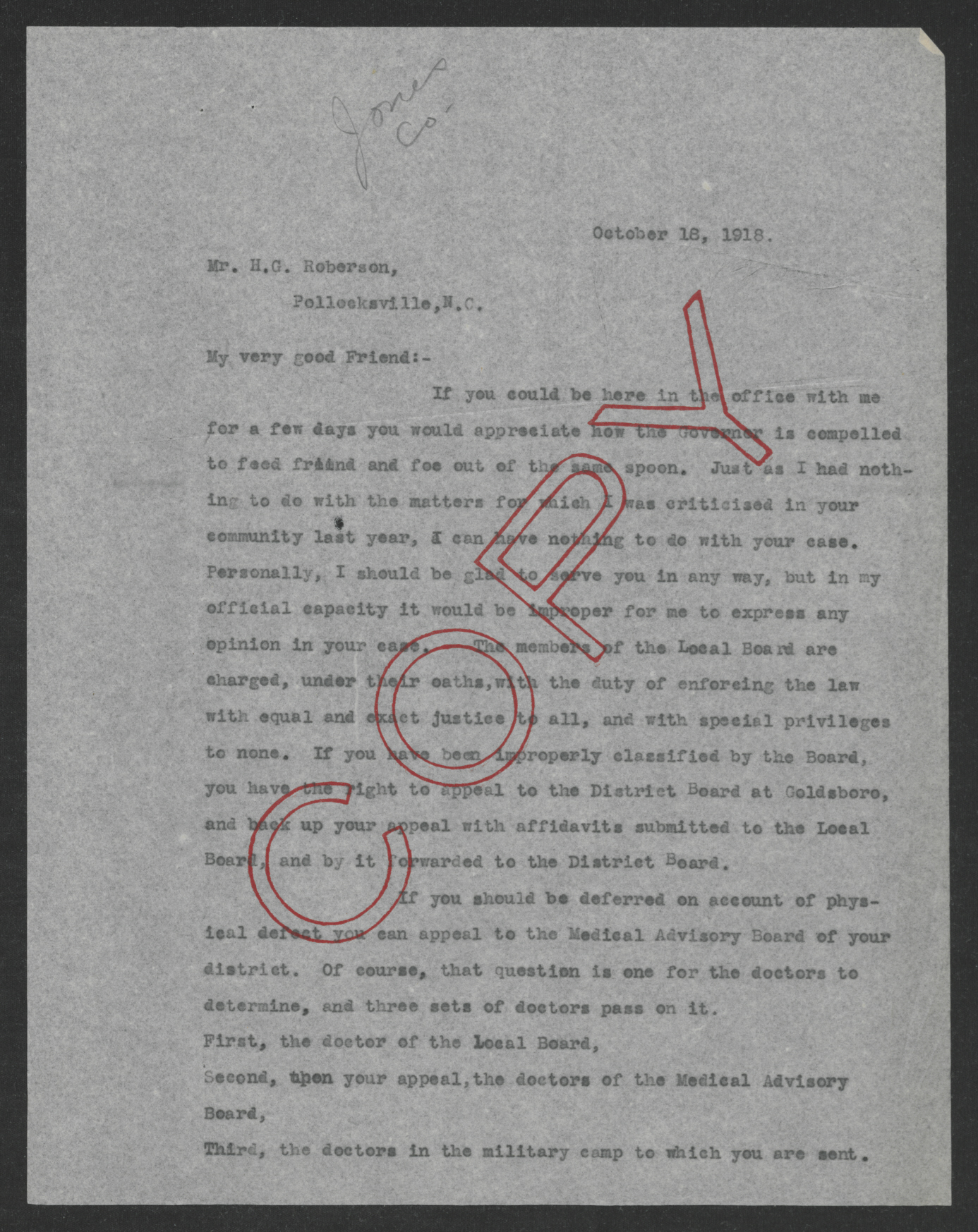 Letter from Thomas W. Bickett to Hoyt G. Roberson, October 18, 1918, page 1