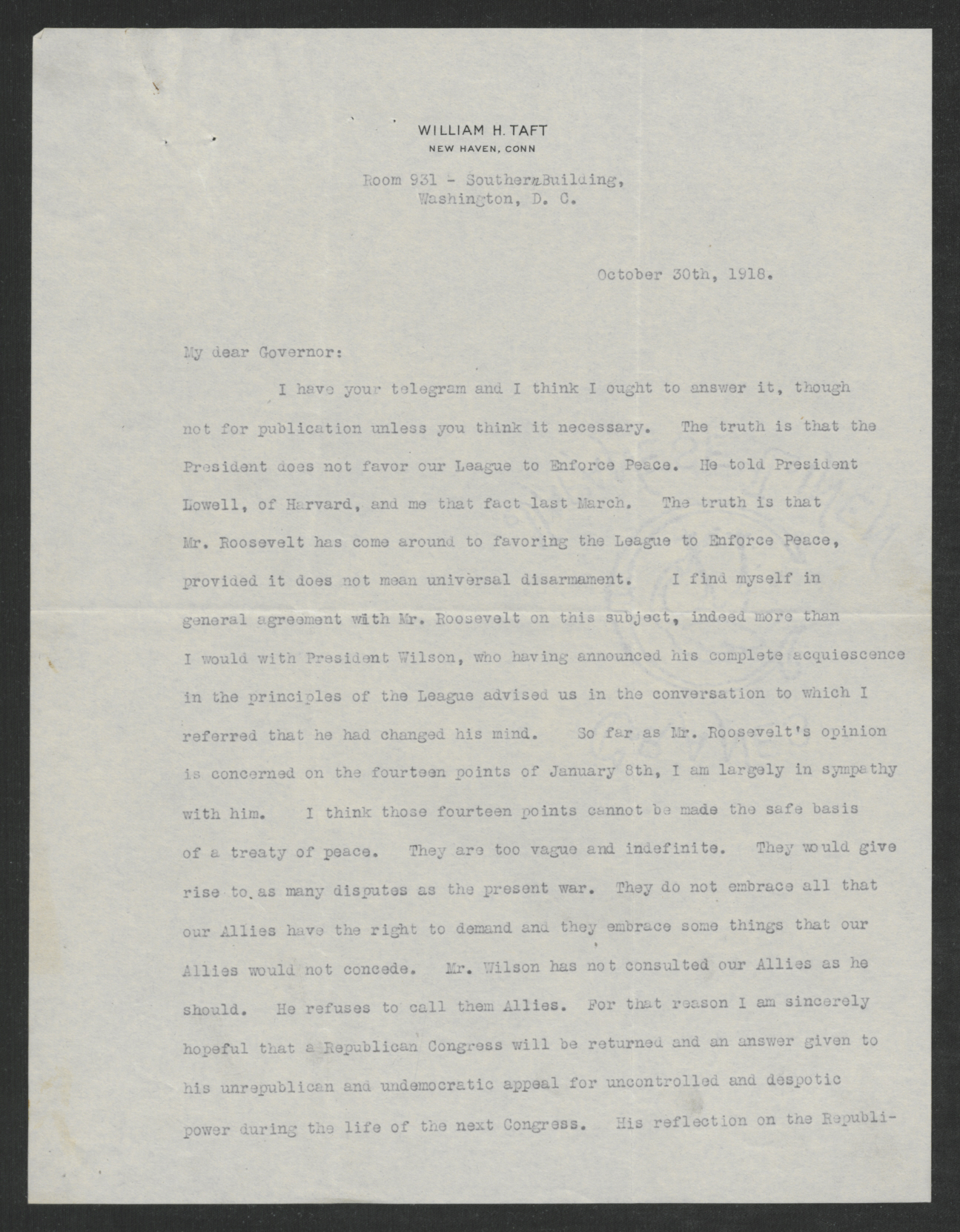 Letter from William H. Taft to Thomas W. Bickett, October 30, 1918, page 1