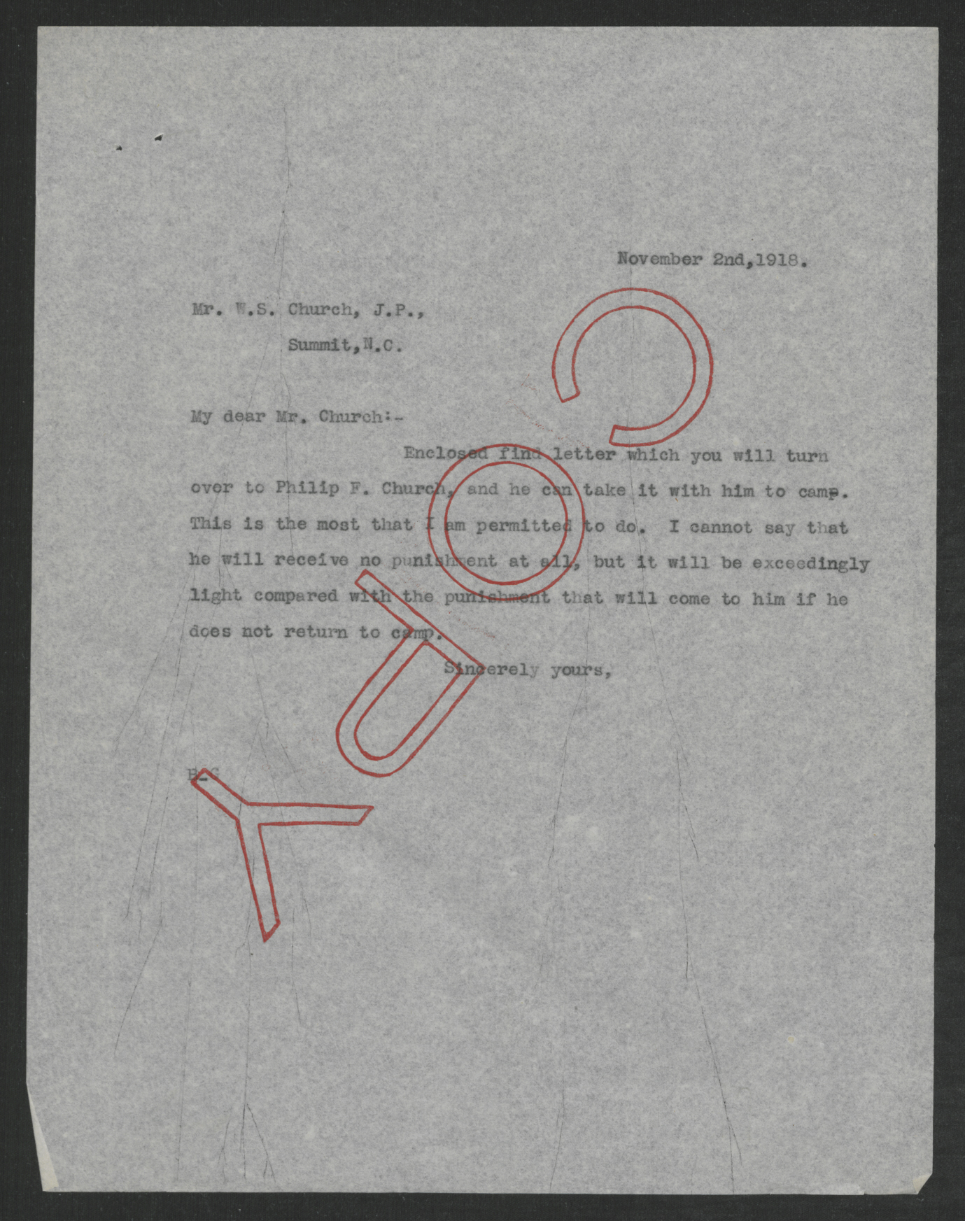 Letter from Thomas W. Bickett to Winfield S. Church, November 2, 1918