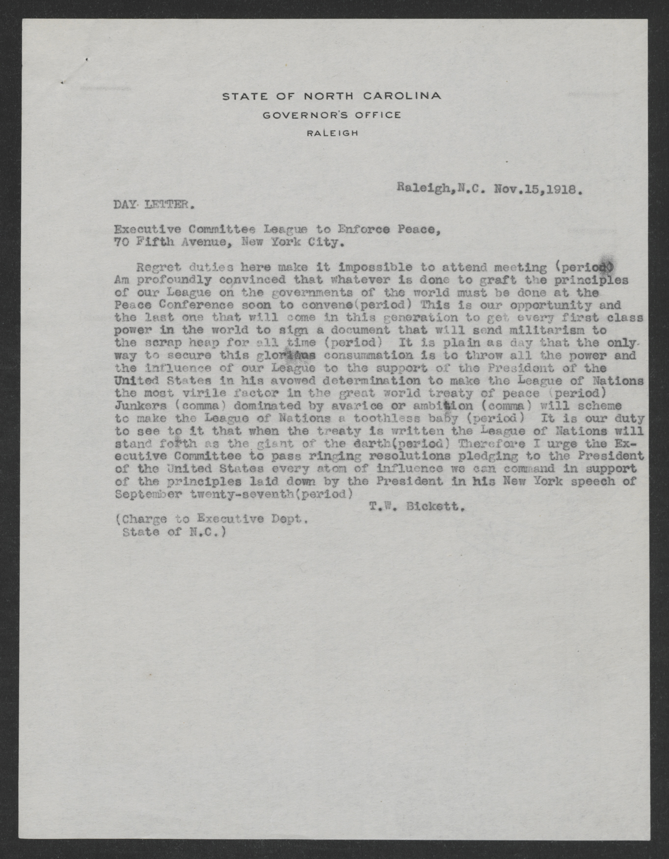 Copy of Telegram from Thomas W. Bickett to the Executive Committee of the League to Enforce Peace, November 15, 1918