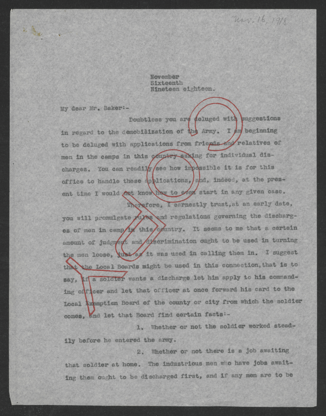 Letter from Thomas W. Bickett to Newton D. Baker, November 16, 1918, page 1