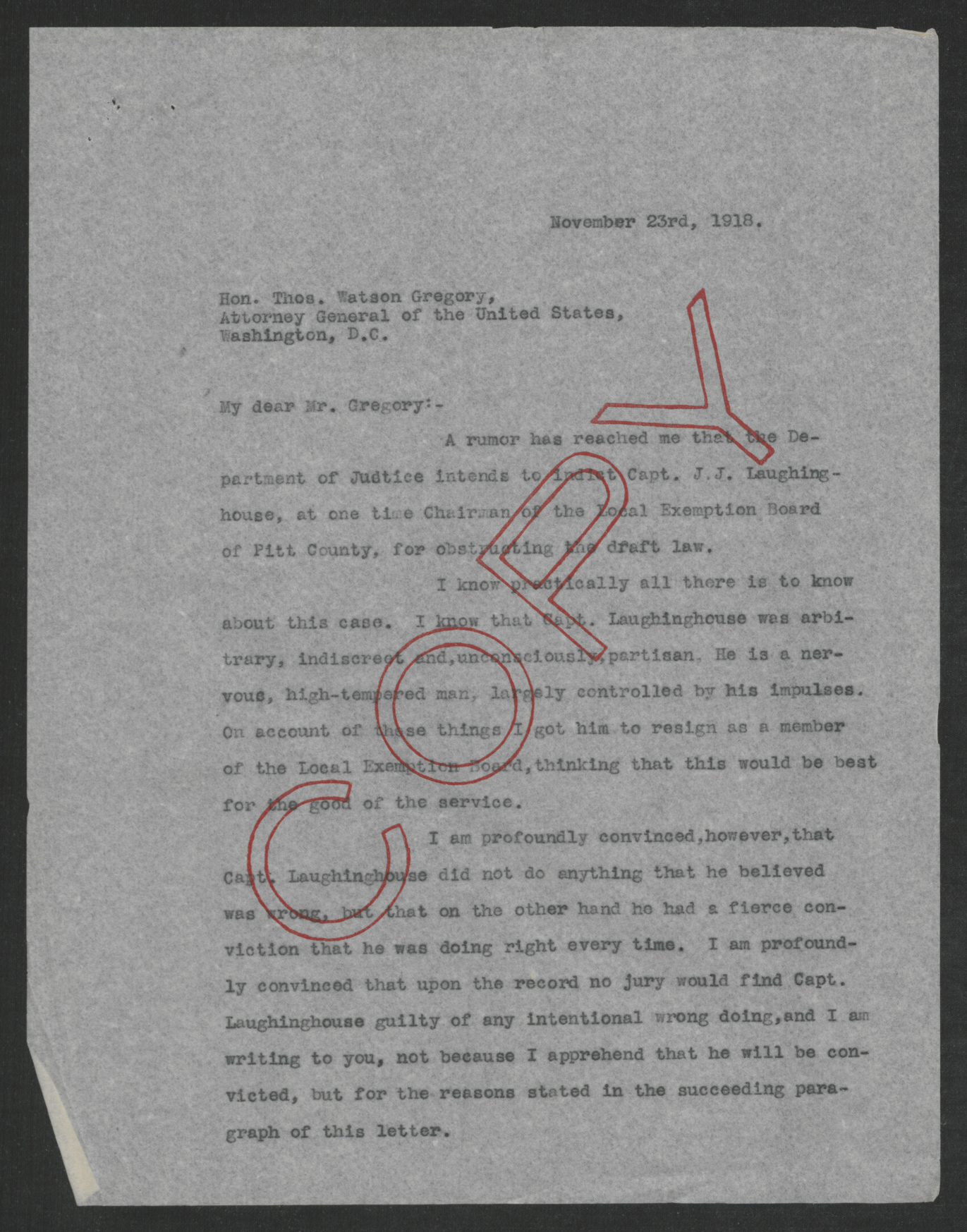 Letter from Thomas W. Bickett to Thomas W. Gregory, November 23, 1918, page 1