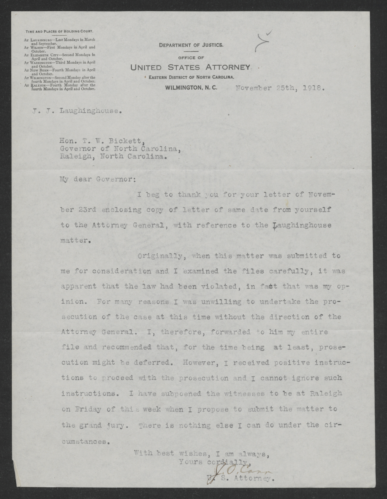 Letter from James O. Carr to Thomas W. Bickett, November 25, 1918