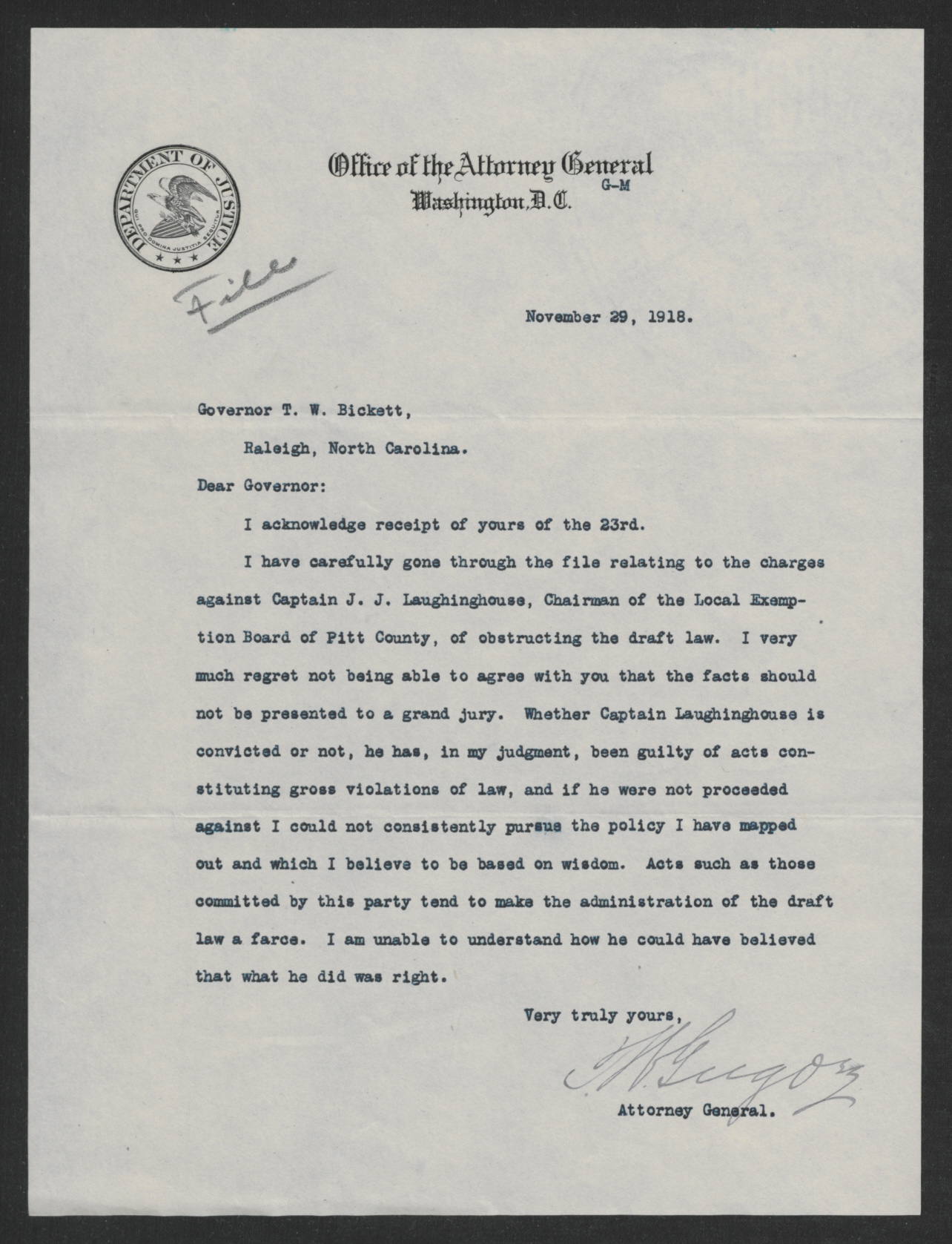 Letter from Thomas W. Gregory to Thomas W. Bickett, November 29, 1918