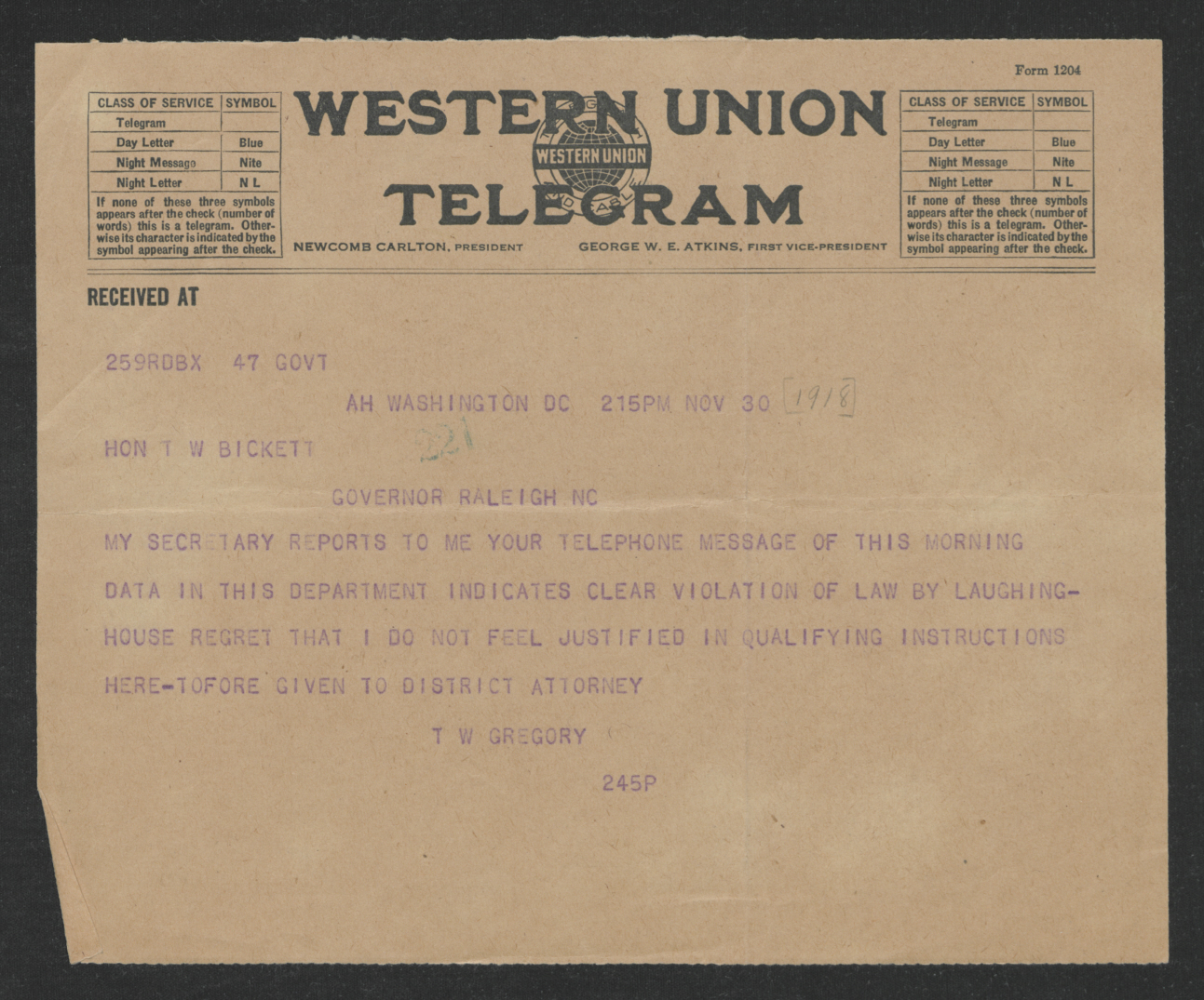 Telegram from Thomas W. Gregory to Thomas W. Bickett, November 30, 1918