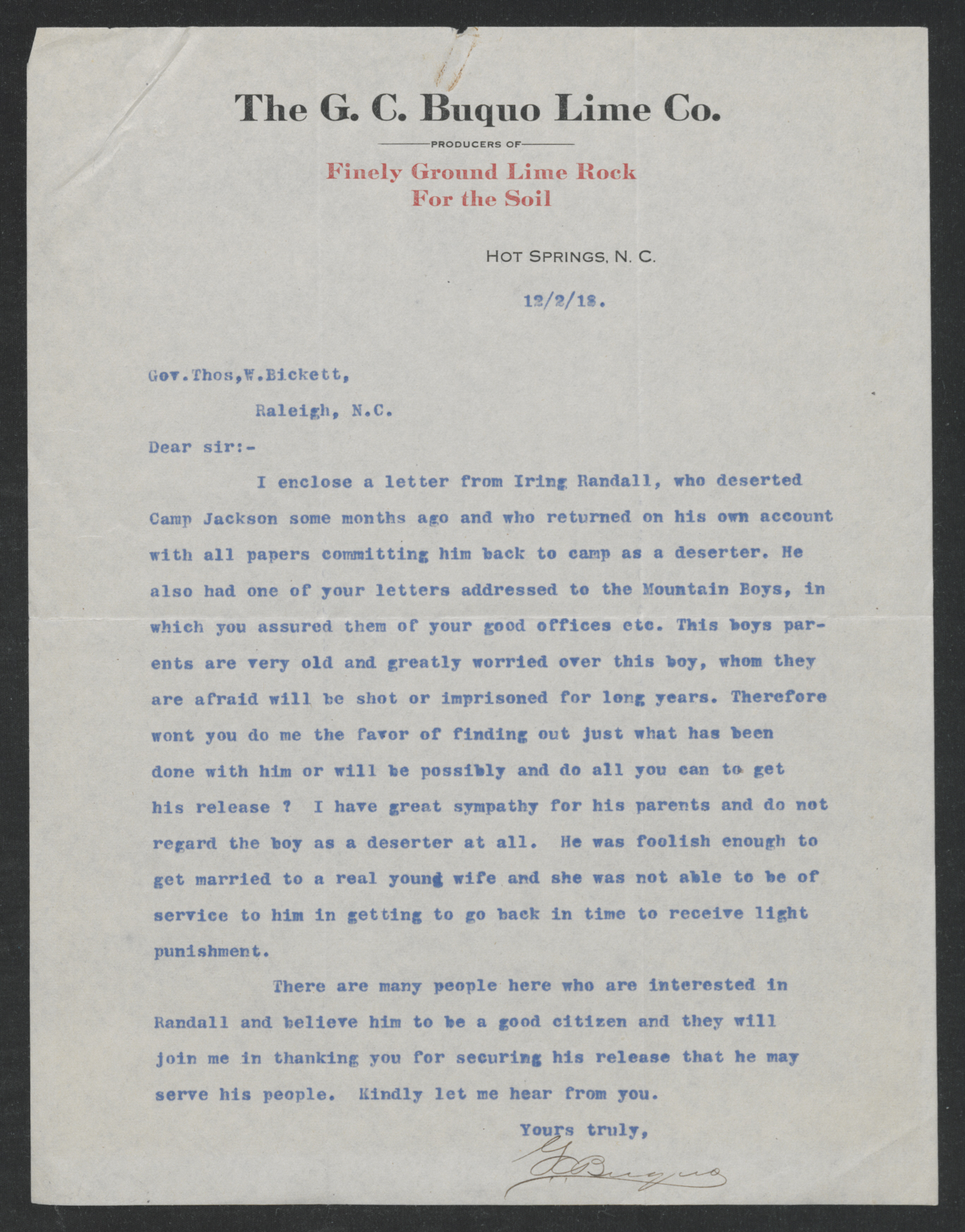Letter from George C. Buquo to Thomas W. Bickett, December 2, 1918