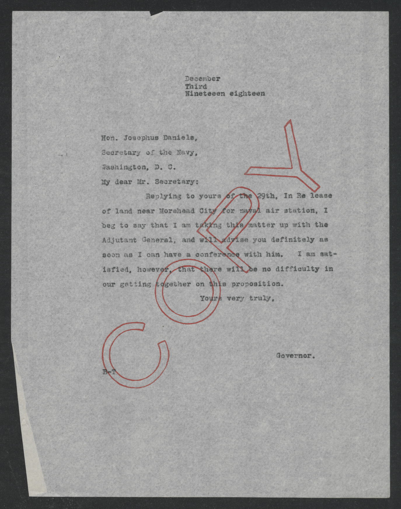 Letter from Thomas W. Bickett to Josephus Daniels, December 3, 1918