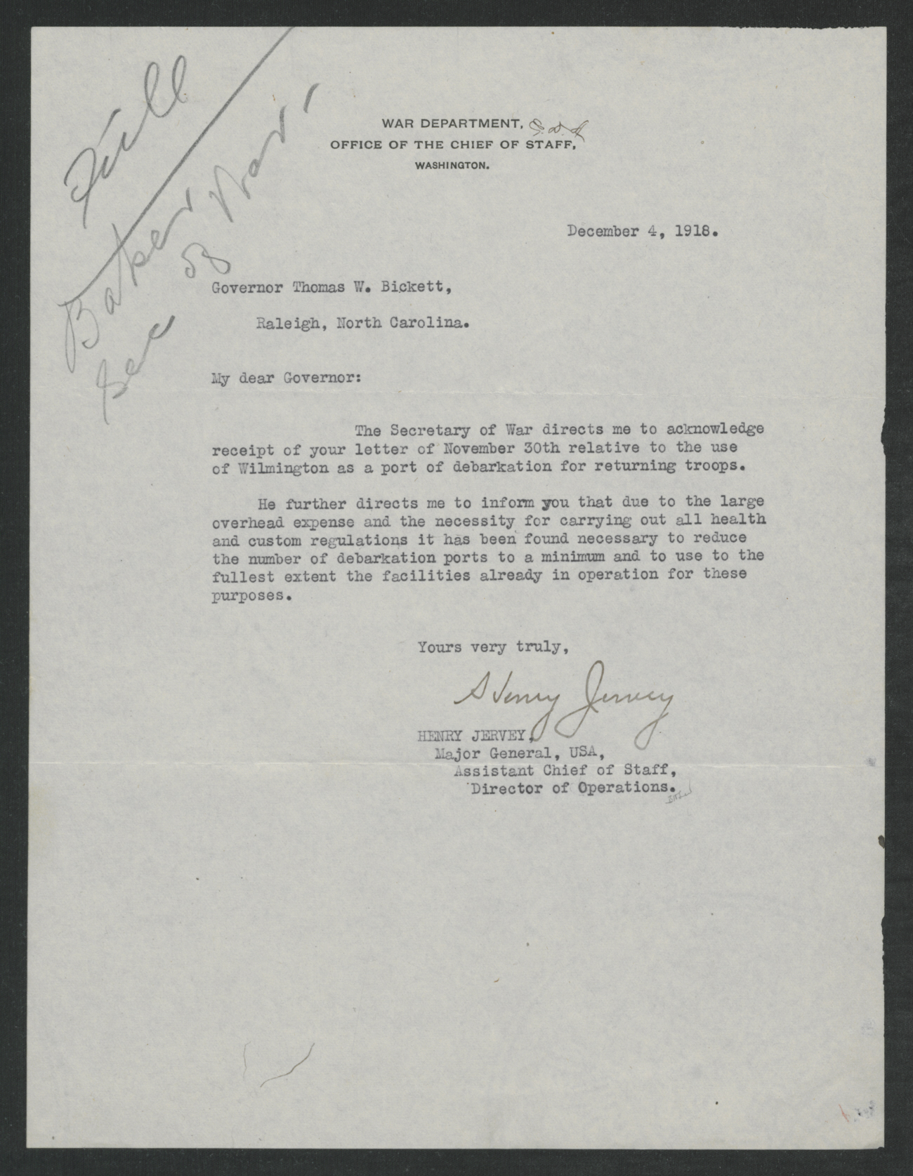 Letter from Henry Jervey to Thomas W. Bickett, December 4, 1918