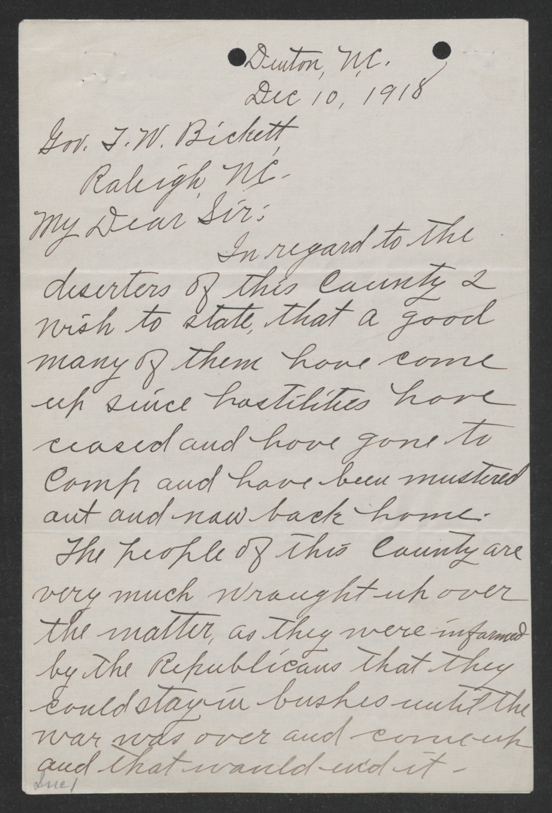 Letter from Jesse F. Cameron to Thomas W. Bickett, December 10, 1918, page 1