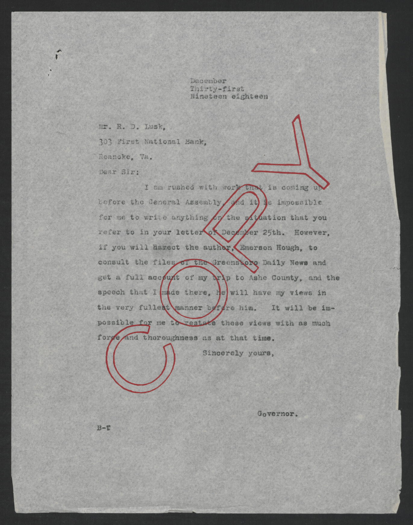 Letter from Thomas W. Bickett to Ralph D. Lusk, December 31, 1918