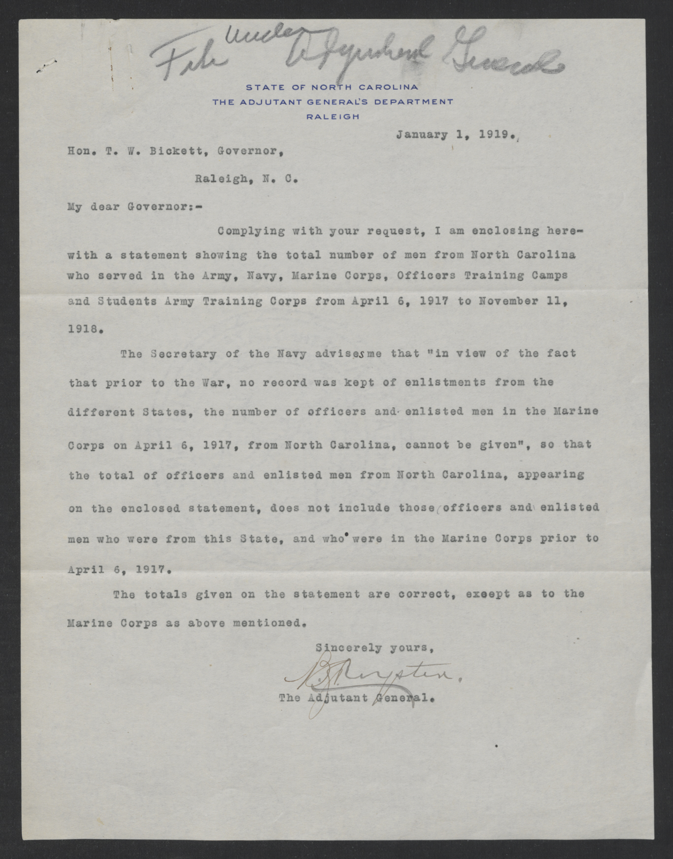Letter from Beverly S. Royster to Thomas W. Bickett, January 1, 1919