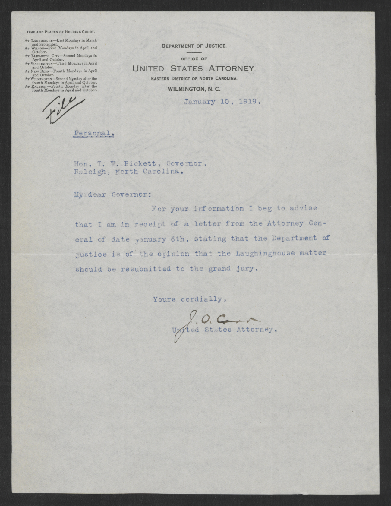 Letter from James O. Carr to Thomas W. Bickett, January 10, 1919